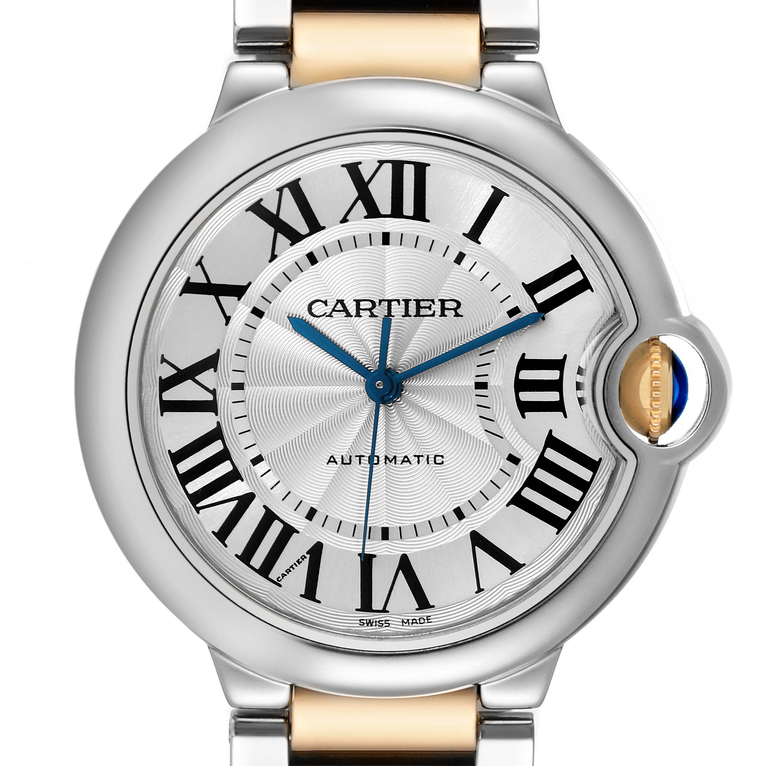 The image shows a frontal view of the Cartier Ballon Bleu W2BB0012 Men's Steel and Gold (two tone) Silver Dial W2BB0012 Men's Steel and Gold (two tone) Silver Dial watch, highlighting its dial, hands, and part of the bracelet.