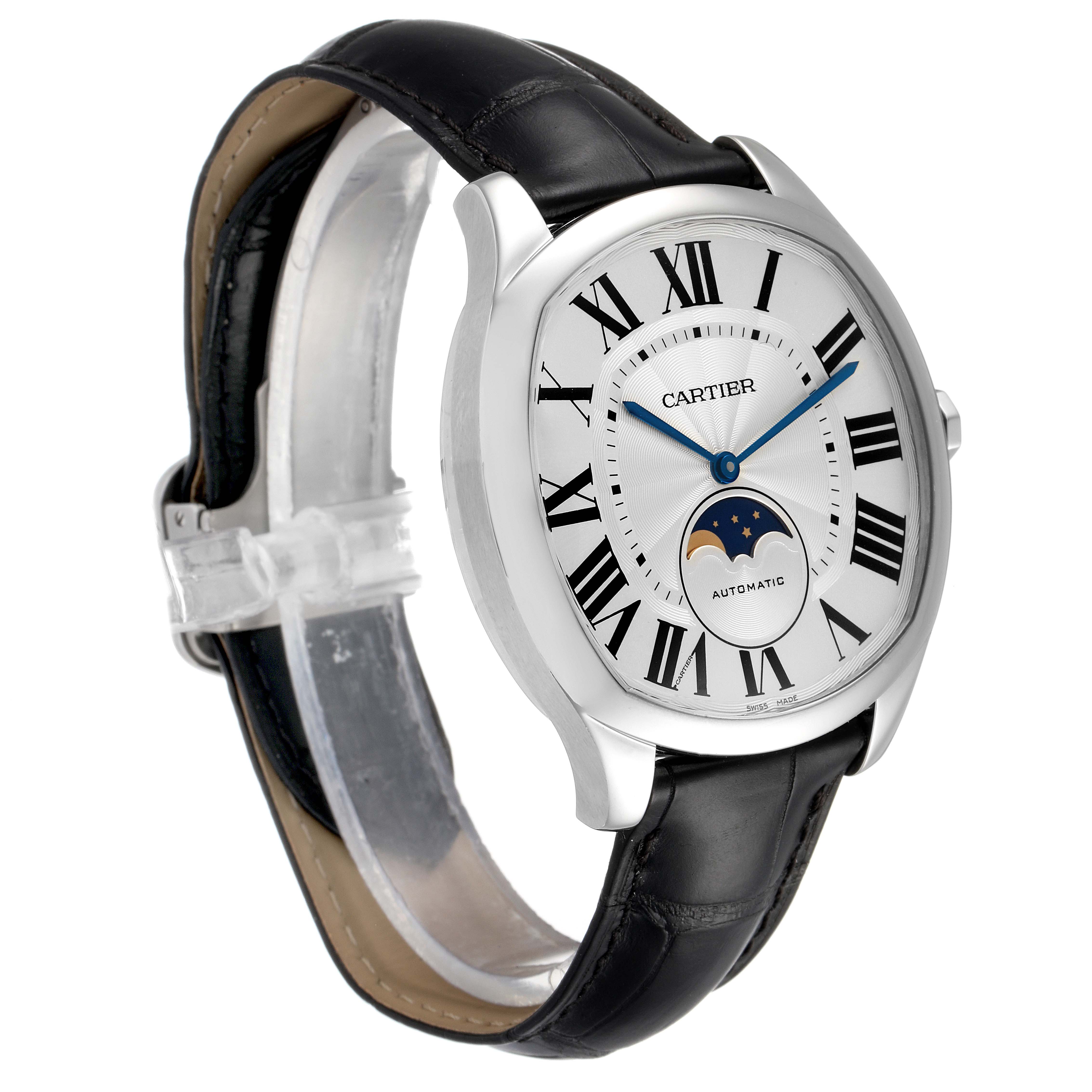 The Drive de Cartier watch by Cartier is shown at an angle showcasing the face, leather strap, and moon phase sub-dial.