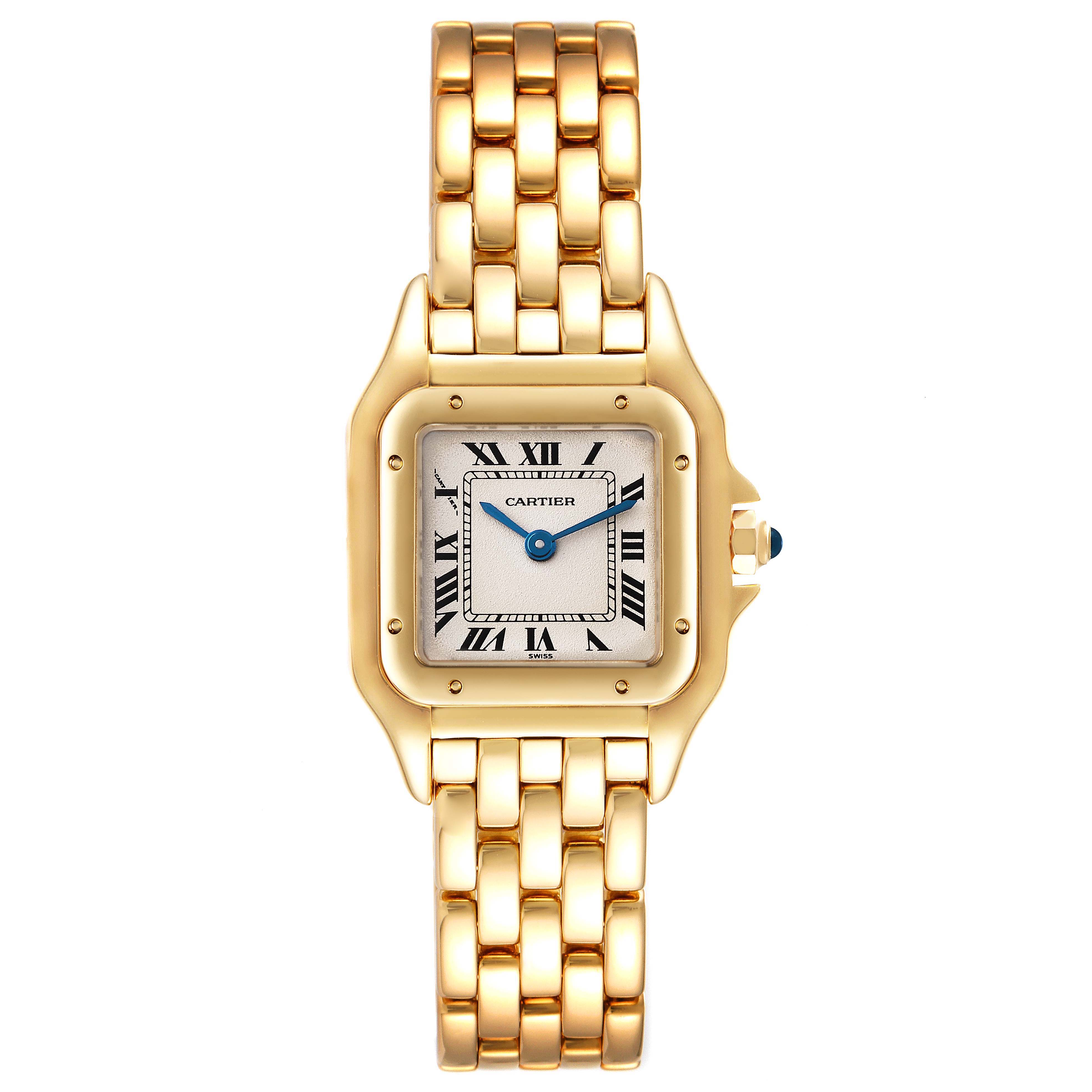 The image shows a top view of the Cartier Panthere W25022B9 Women's Yellow Gold Silver Dial W25022B9 Women's Yellow Gold Silver Dial watch, highlighting its square face, gold bracelet, and blue hands.
