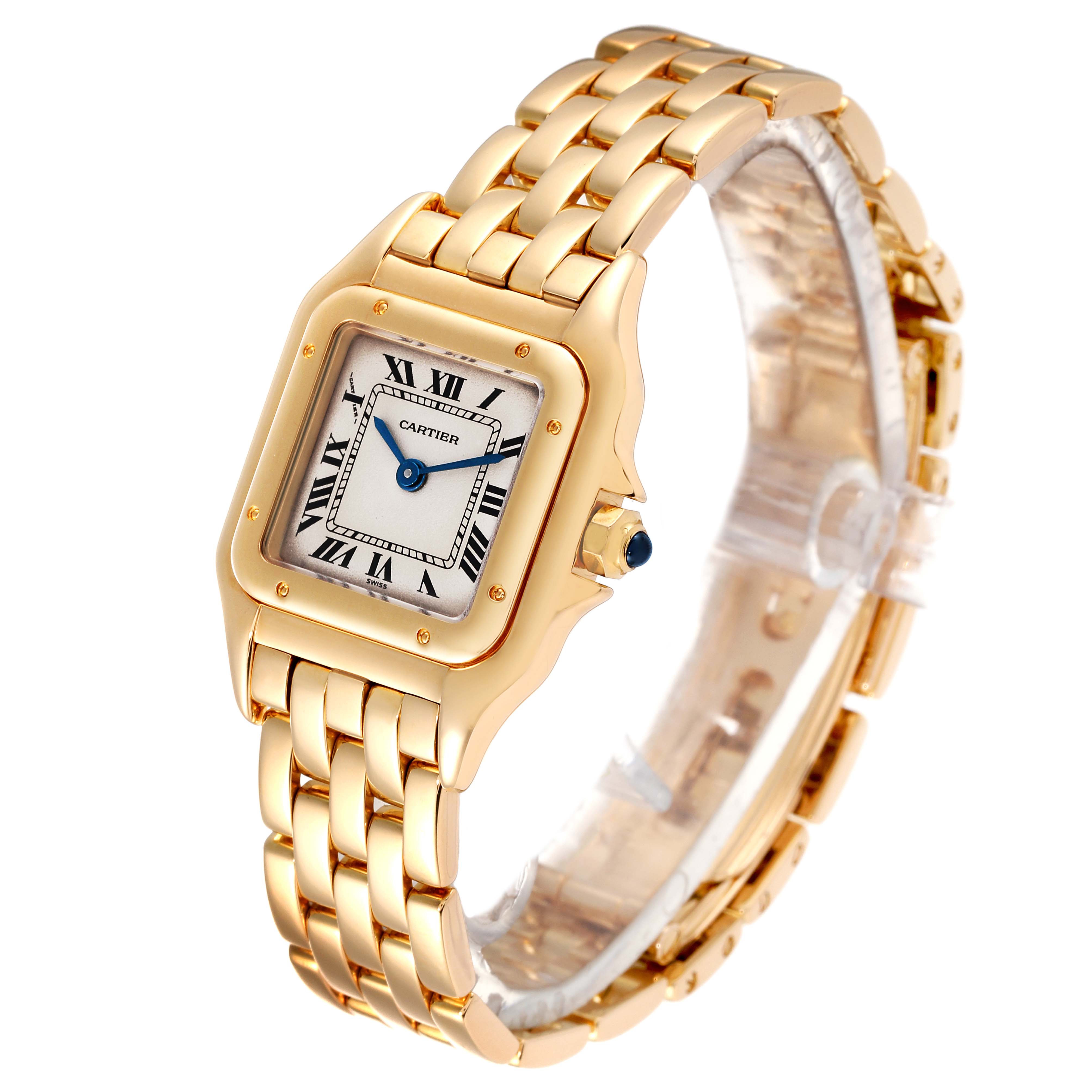 This image shows a Cartier Panthere W25022B9 Women's Yellow Gold Silver Dial W25022B9 Women's Yellow Gold Silver Dial model watch at a front-side angle, highlighting its gold case, bracelet, and dial.