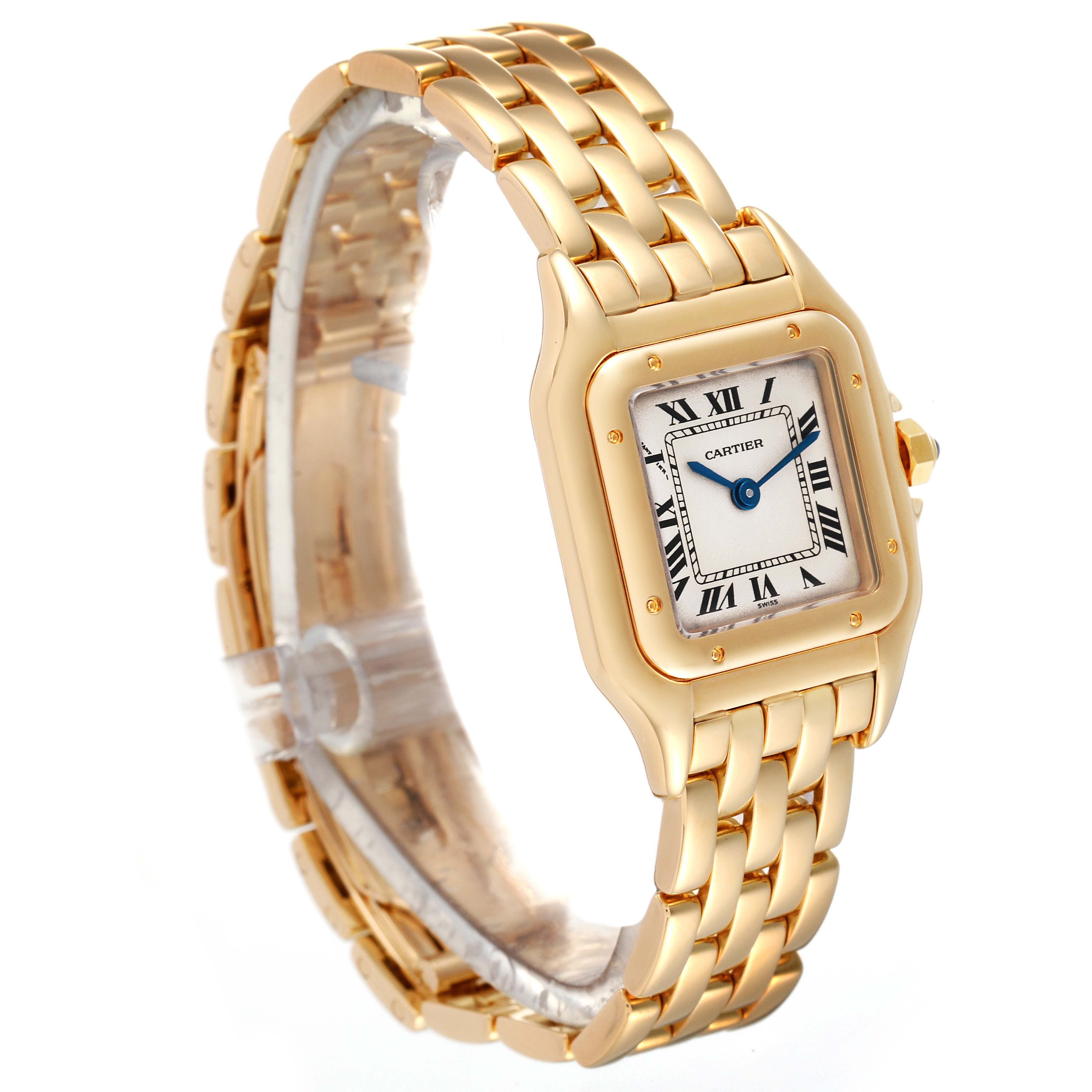 The image shows a Cartier Panthere W25022B9 Women's Yellow Gold Silver Dial W25022B9 Women's Yellow Gold Silver Dial watch at a slight angle, highlighting its gold band and square face with Roman numerals.