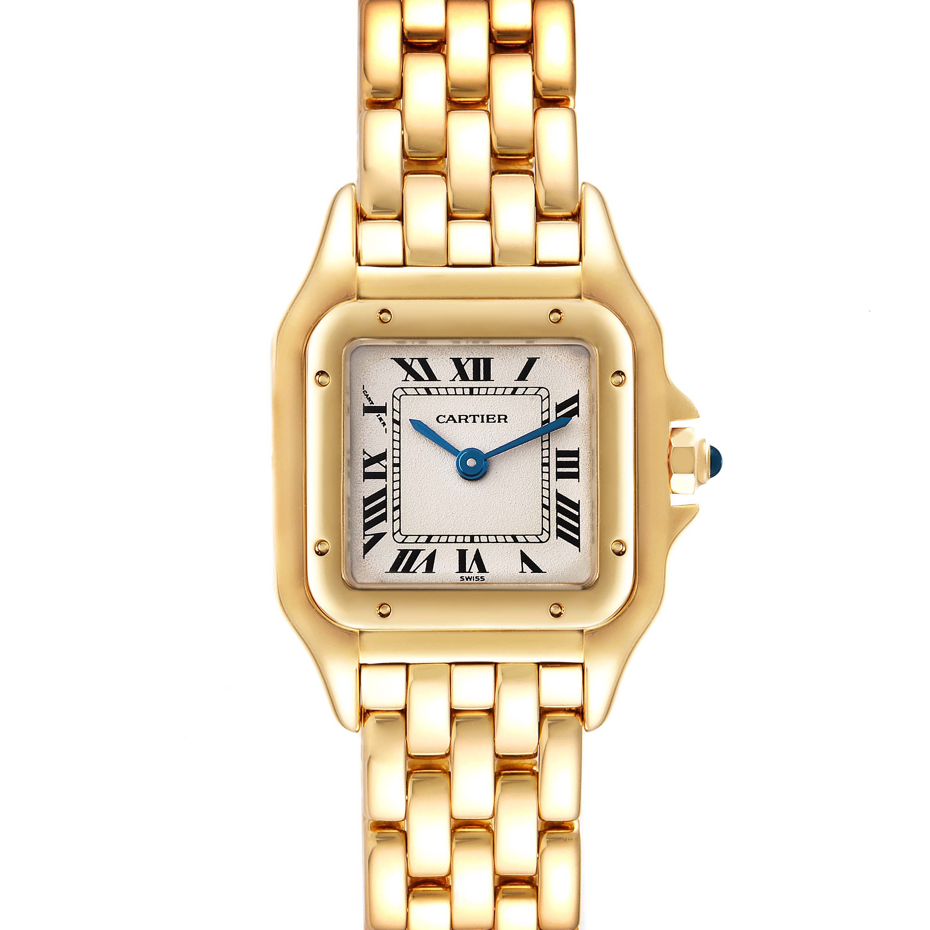 The image shows a front view of the Cartier Panthere W25022B9 Women's Yellow Gold Silver Dial W25022B9 Women's Yellow Gold Silver Dial watch, highlighting its gold bracelet, square dial, and blue hands.
