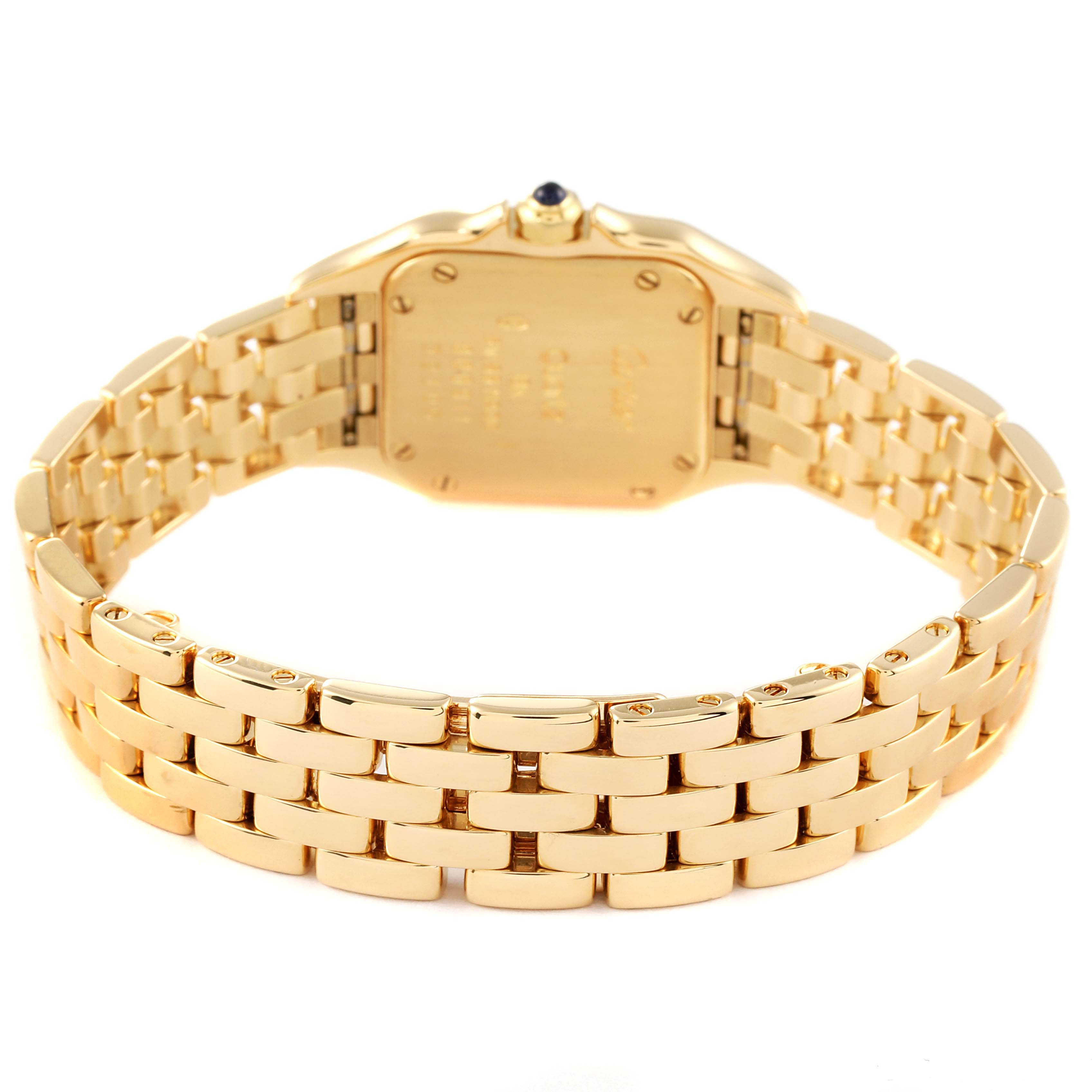 The photo shows the back and bracelet of the Cartier Panthere W25022B9 Women's Yellow Gold Silver Dial W25022B9 Women's Yellow Gold Silver Dial watch from a rear angle.