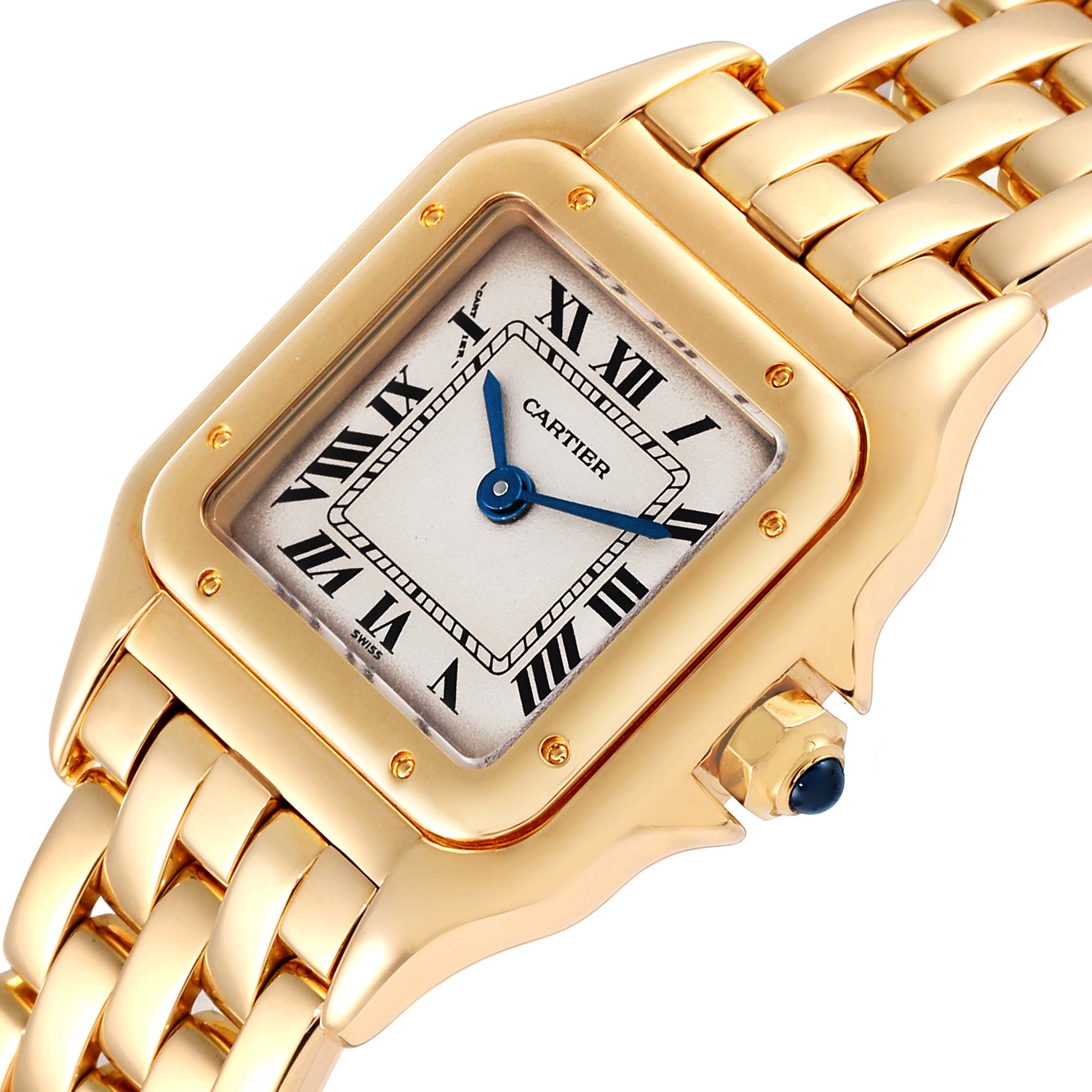 Close-up angle of the Cartier Panthère watch showing the dial, bezel, and part of the gold bracelet.