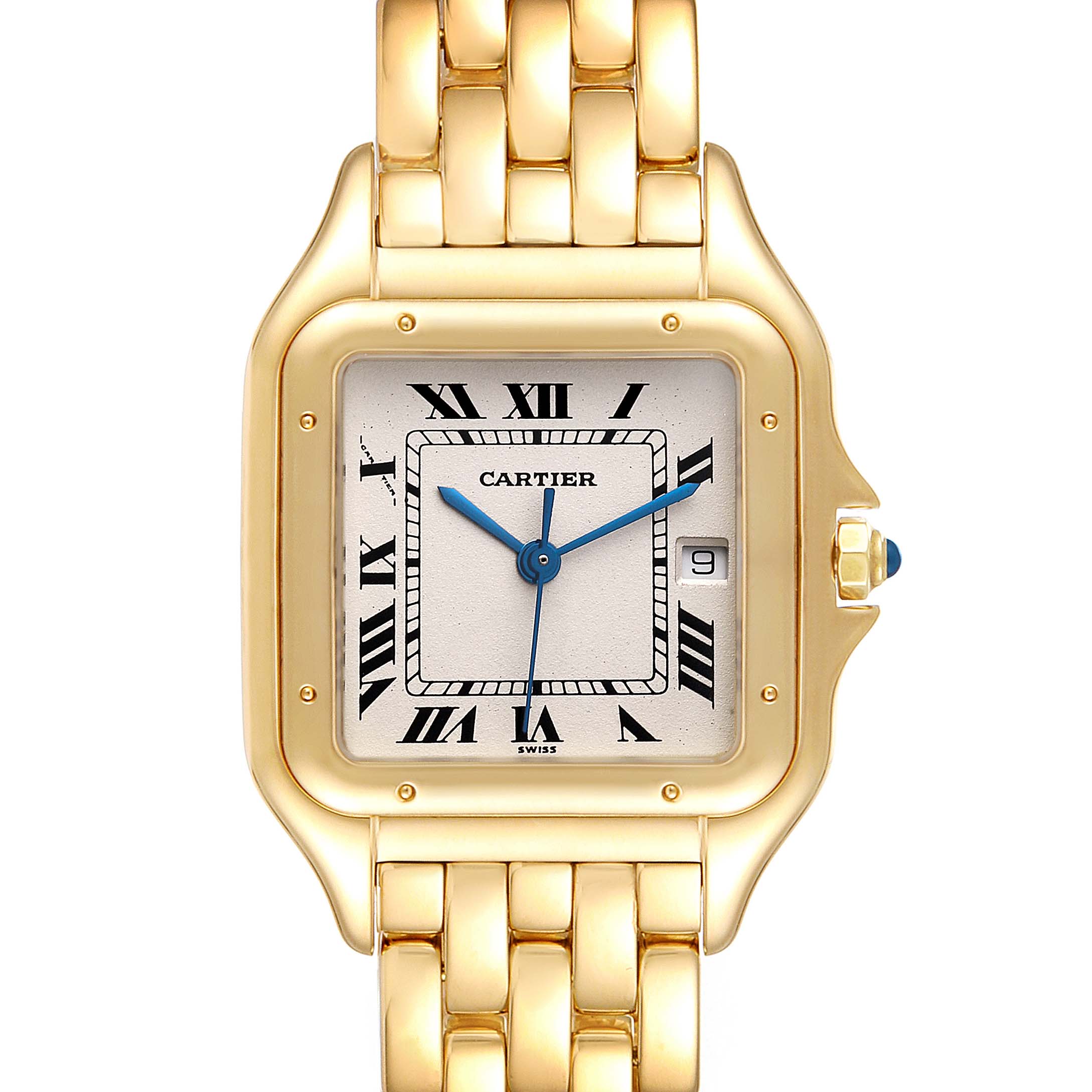 This image shows the front view of a Cartier Panthere W25014B9 Women's Yellow Gold Silver Dial W25014B9 Women's Yellow Gold Silver Dial watch, featuring its square face, Roman numerals, and gold bracelet.