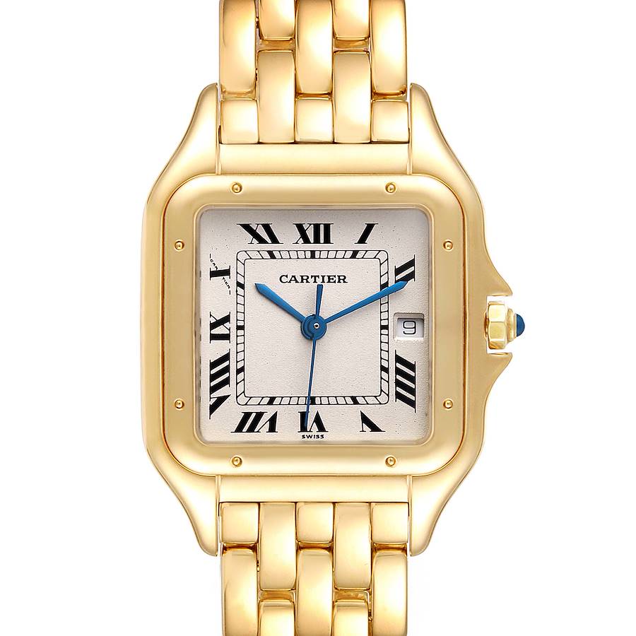 This image shows the front view of a Cartier Panthere watch, featuring its square face, Roman numerals, and gold bracelet.