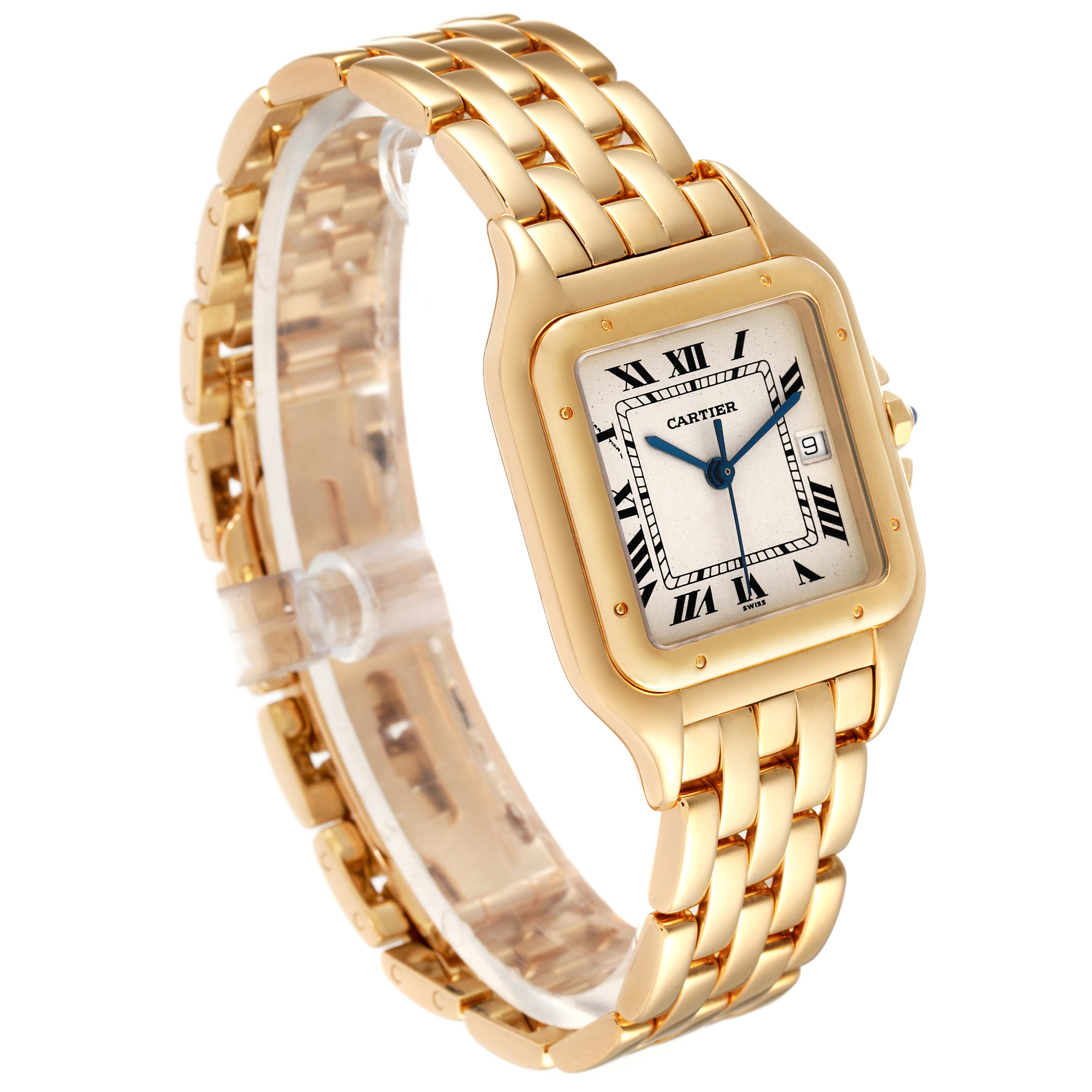 The image shows a gold Cartier Panthere W25014B9 Women's Yellow Gold Silver Dial W25014B9 Women's Yellow Gold Silver Dial watch at a three-quarter angle, displaying its face, Roman numerals, and metal bracelet.