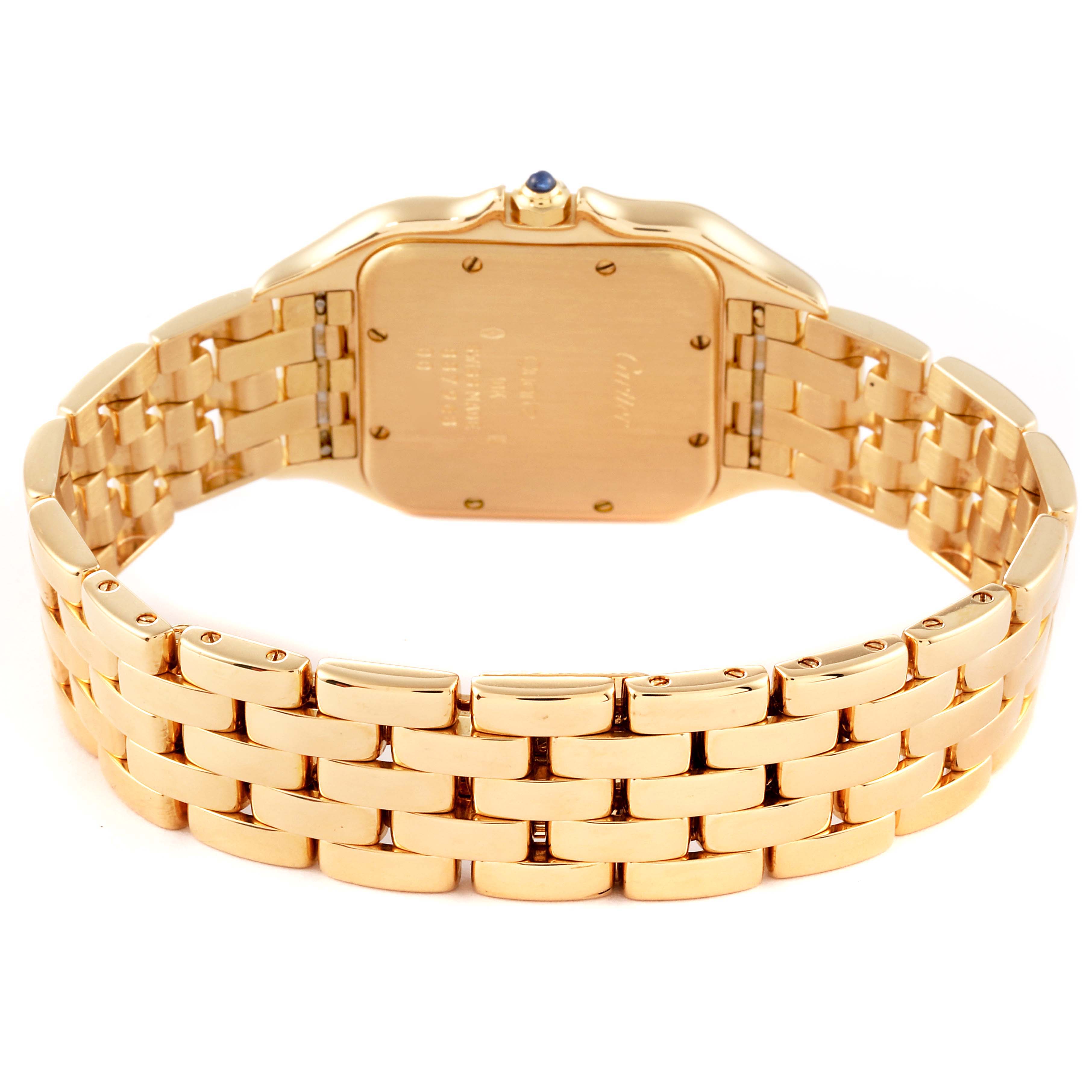 The image shows the back case and bracelet of the Cartier Panthere W25014B9 Women's Yellow Gold Silver Dial W25014B9 Women's Yellow Gold Silver Dial watch.