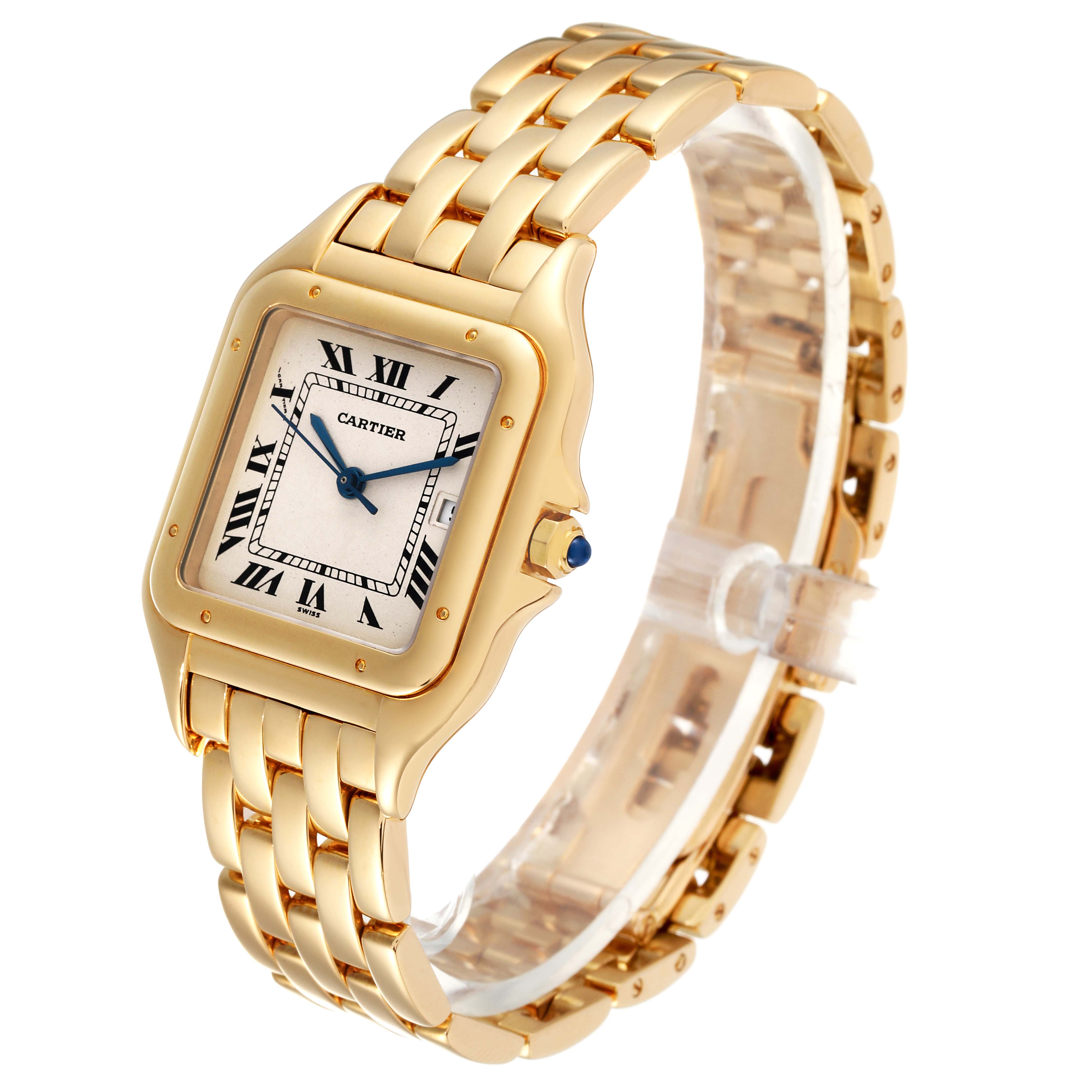 The image shows a side-front angle of the Panthere model by Cartier, highlighting its gold bracelet, square case, and Roman numeral dial.