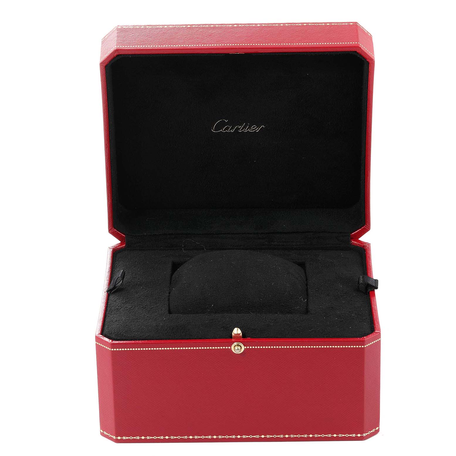 This image shows an open red Cartier watch box for the Panthere model, revealing its black interior.