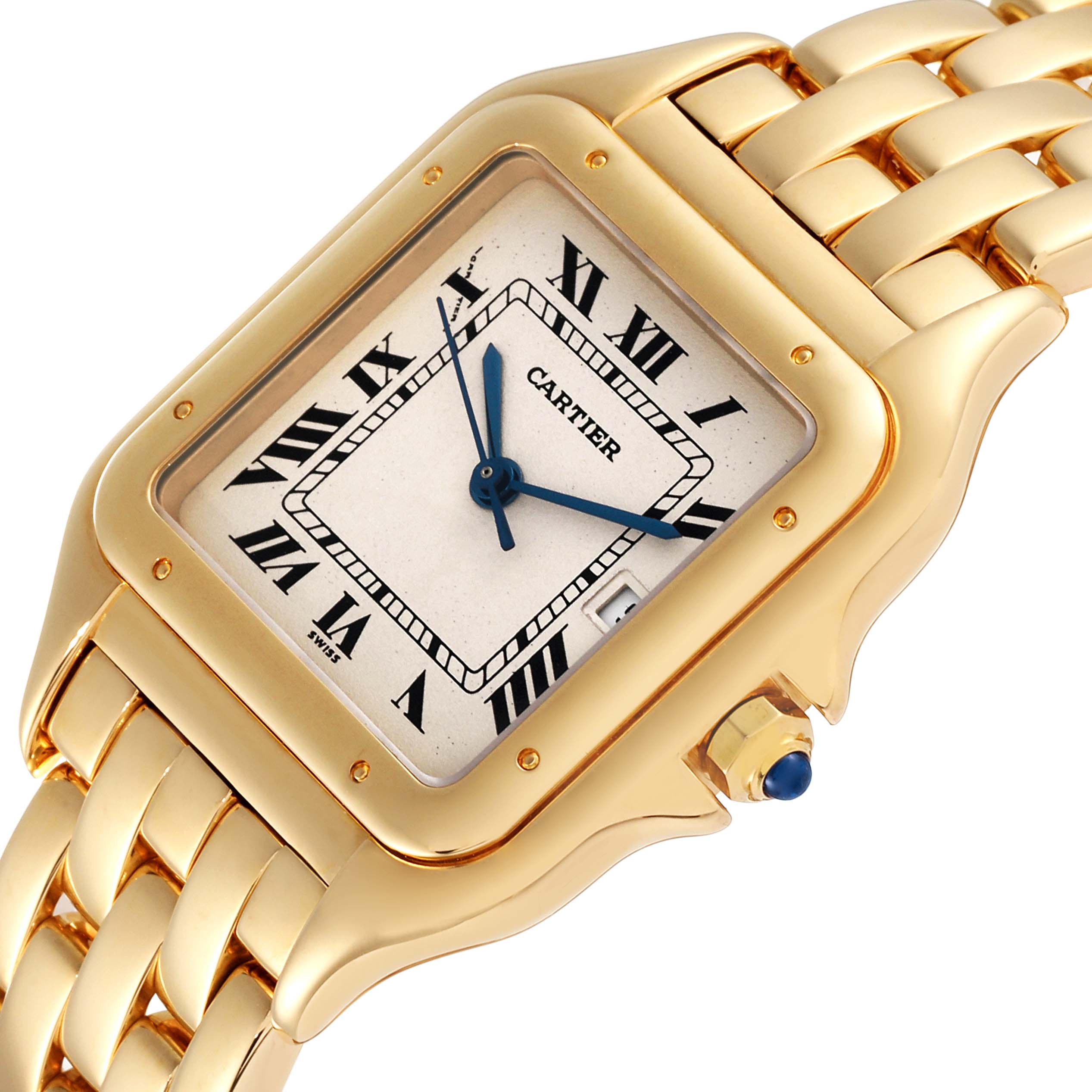 This image shows a close-up view of the face, crown, and part of the bracelet of the Panthere de Cartier watch.