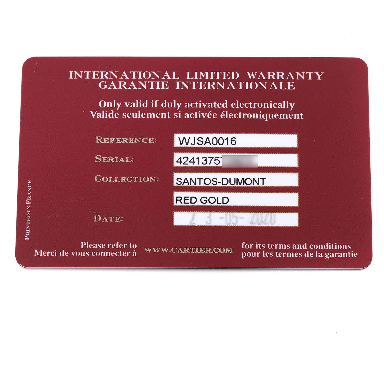 This image shows a Cartier international limited warranty card for a Santos-Dumont model in red gold.