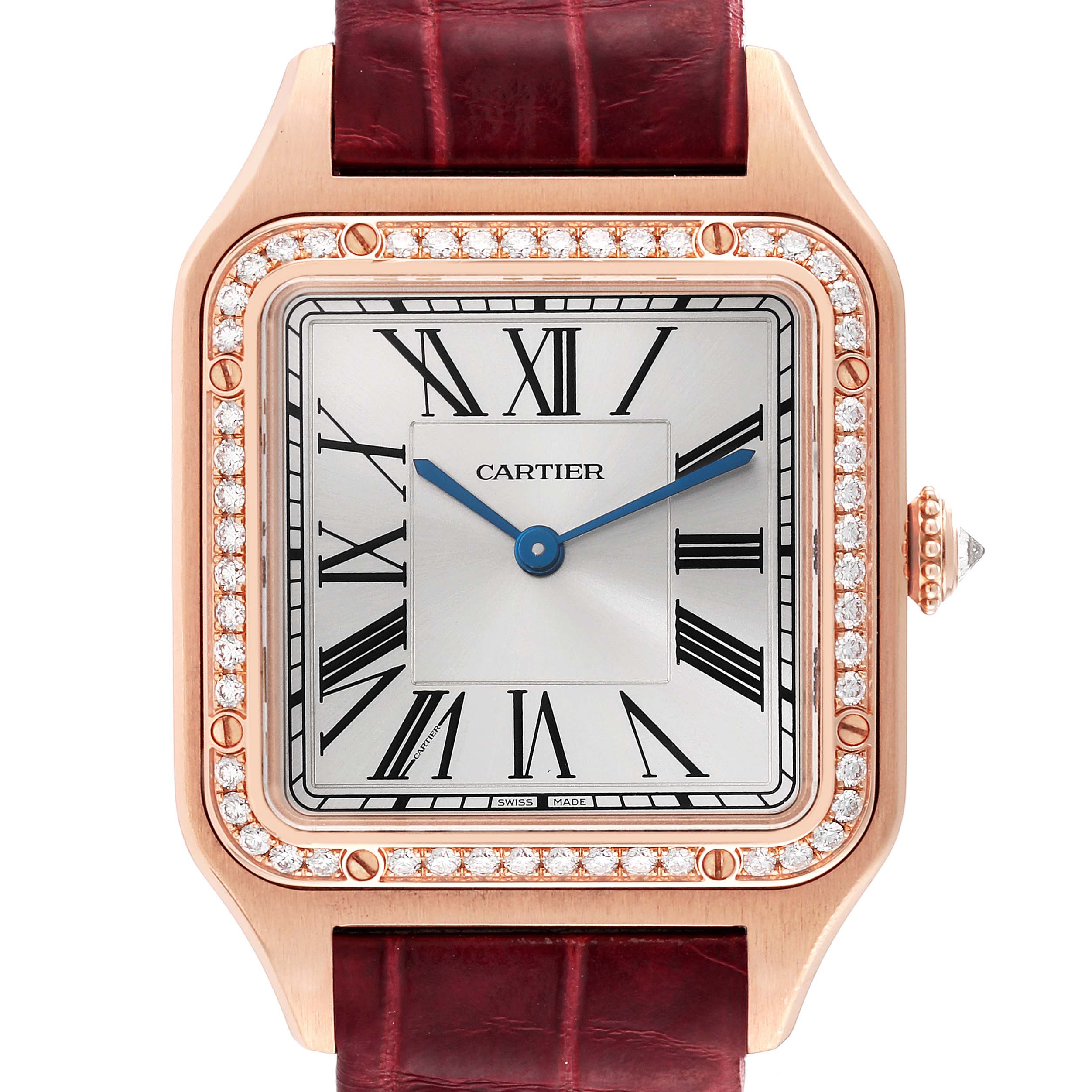 This Cartier Santos WJSA0016 Women's Rose Gold Silver Dial WJSA0016 Women's Rose Gold Silver Dial watch is shown from a front angle, displaying the face, bezel, and part of the strap.