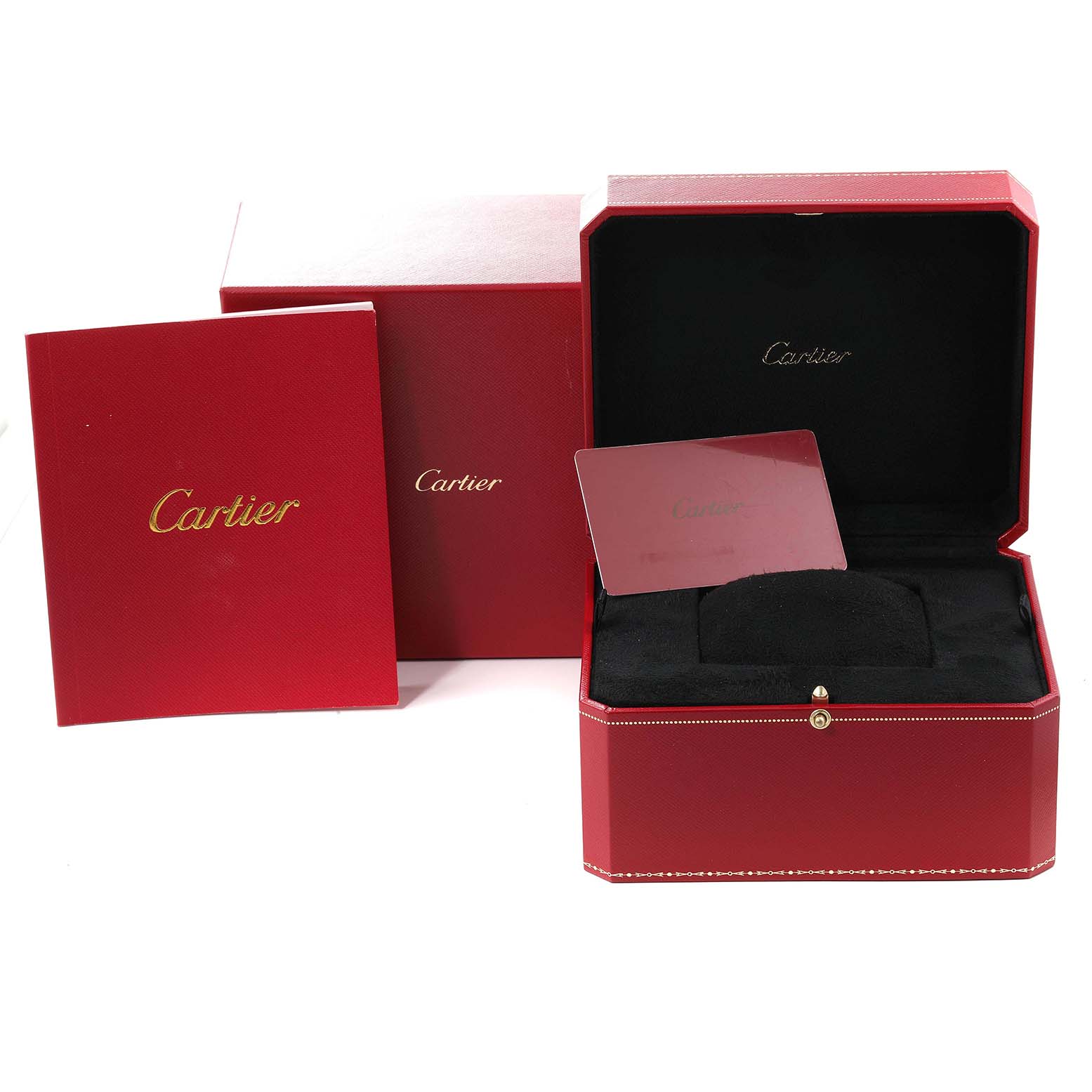 The image shows the packaging for a Cartier Santos WJSA0016 Women's Rose Gold Silver Dial WJSA0016 Women's Rose Gold Silver Dial model, including the watch box, outer box, booklet, and a cardholder.