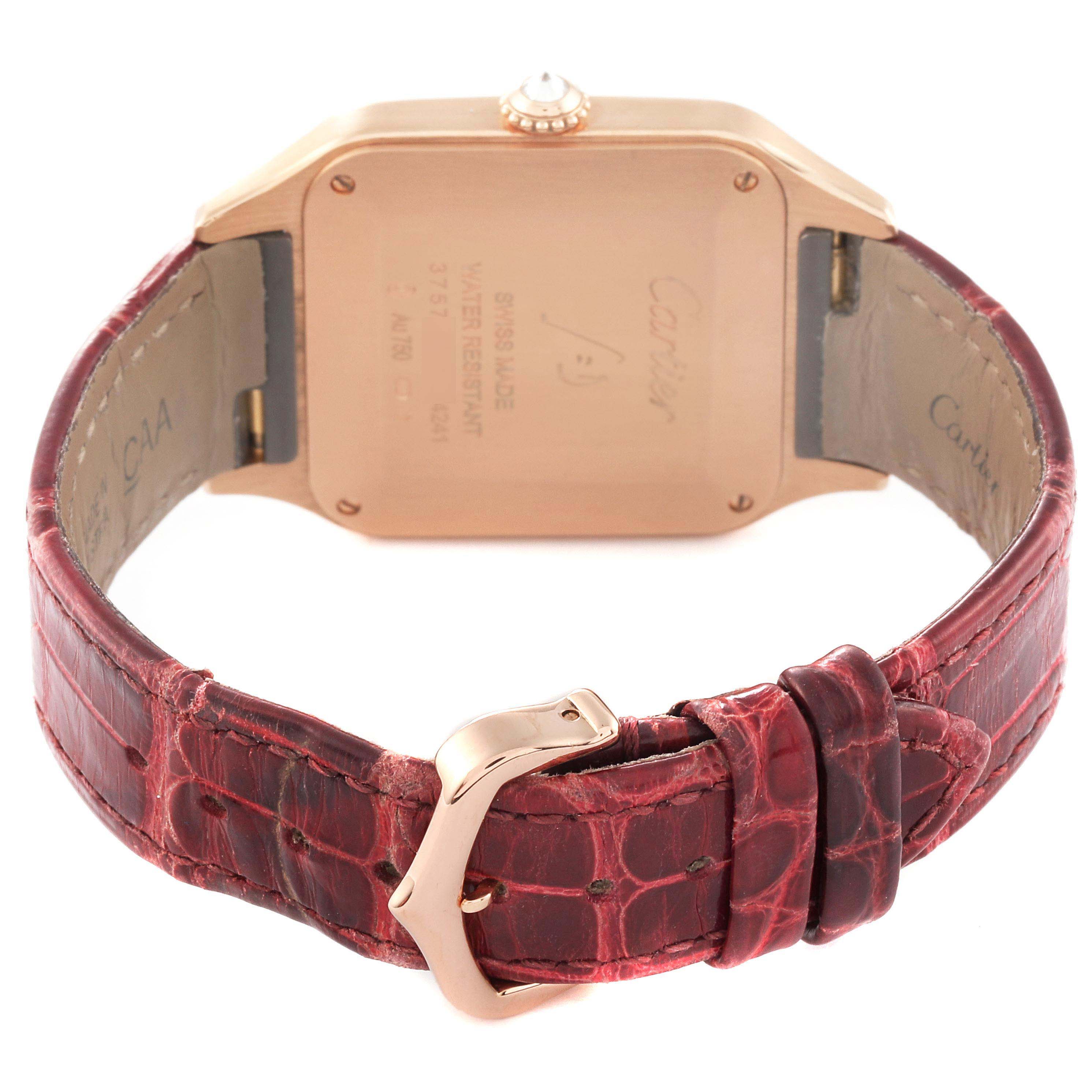 This image shows the back case and leather strap of a Cartier Santos WJSA0016 Women's Rose Gold Silver Dial WJSA0016 Women's Rose Gold Silver Dial watch.