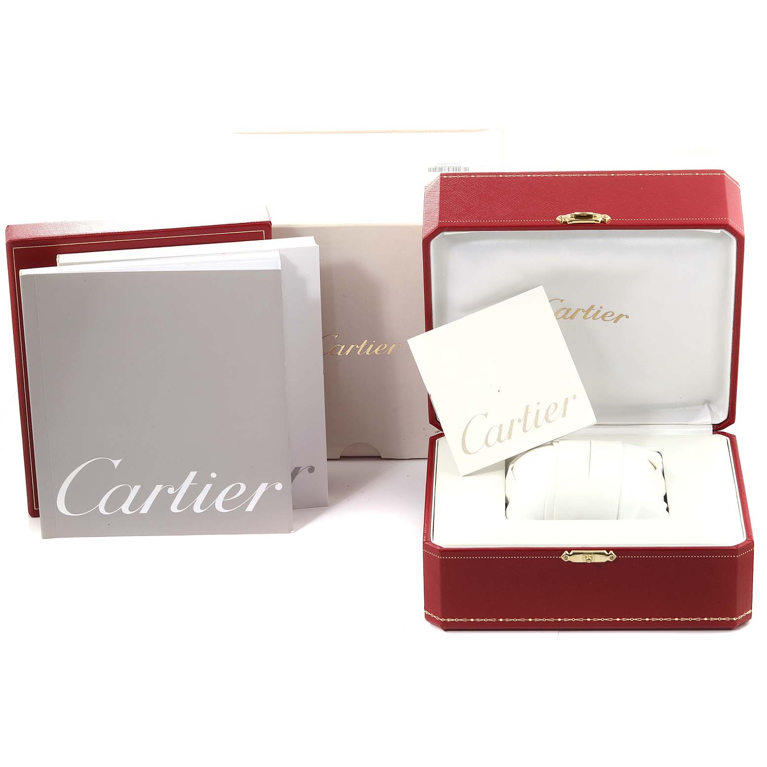 This image shows the packaging and accessories for a Cartier Tank Francaise W51012Q4 Women's Steel and Gold (two tone) Silver Dial W51012Q4 Women's Steel and Gold (two tone) Silver Dial watch, including boxes and manuals.