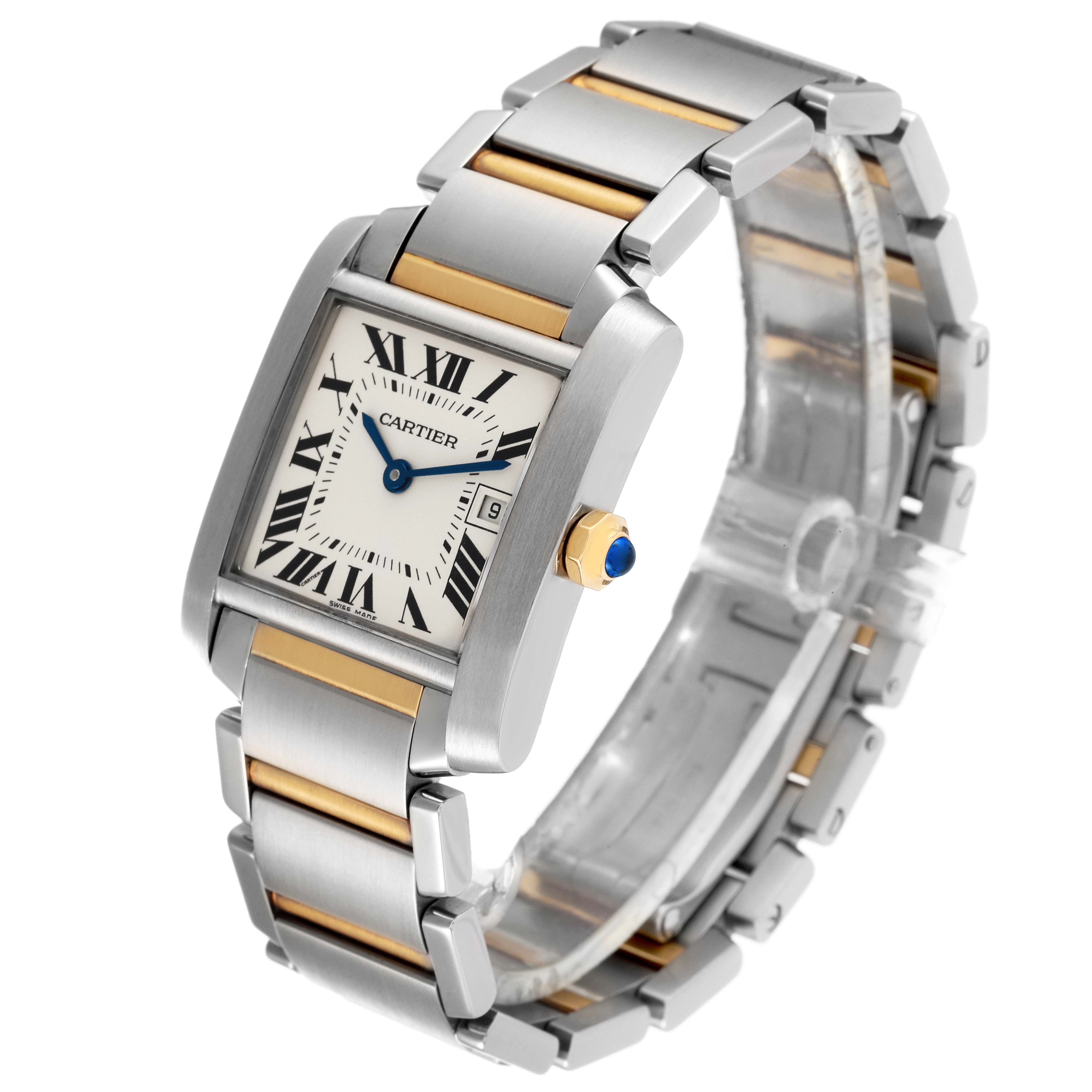 This image shows a Cartier Tank Francaise W51012Q4 Women's Steel and Gold (two tone) Silver Dial W51012Q4 Women's Steel and Gold (two tone) Silver Dial watch at a three-quarter angle, highlighting its face, bracelet, and crown.