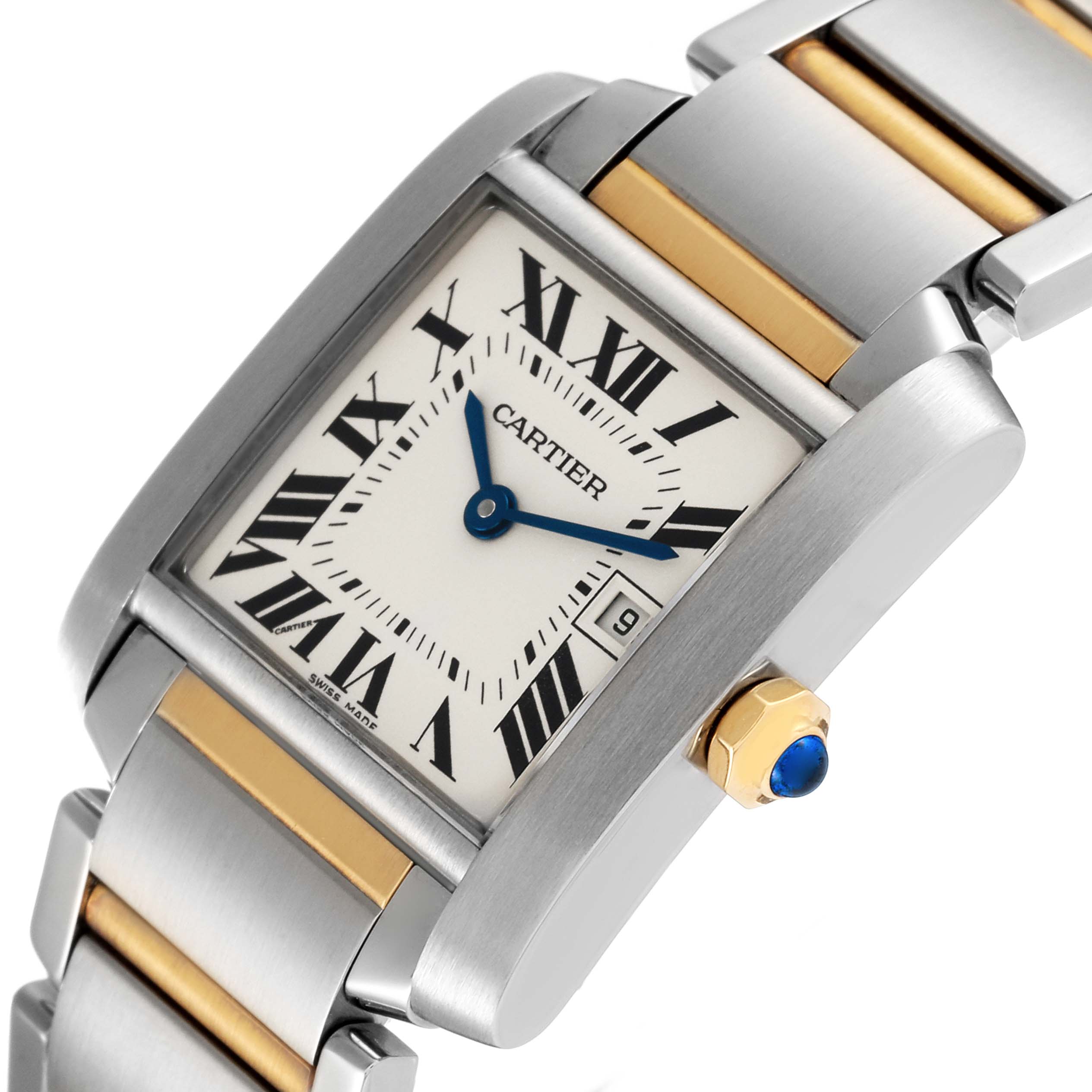 This image shows a Cartier Tank Francaise W51012Q4 Women's Steel and Gold (two tone) Silver Dial W51012Q4 Women's Steel and Gold (two tone) Silver Dial watch at an angled view, highlighting the face, bezel, bracelet, and crown.