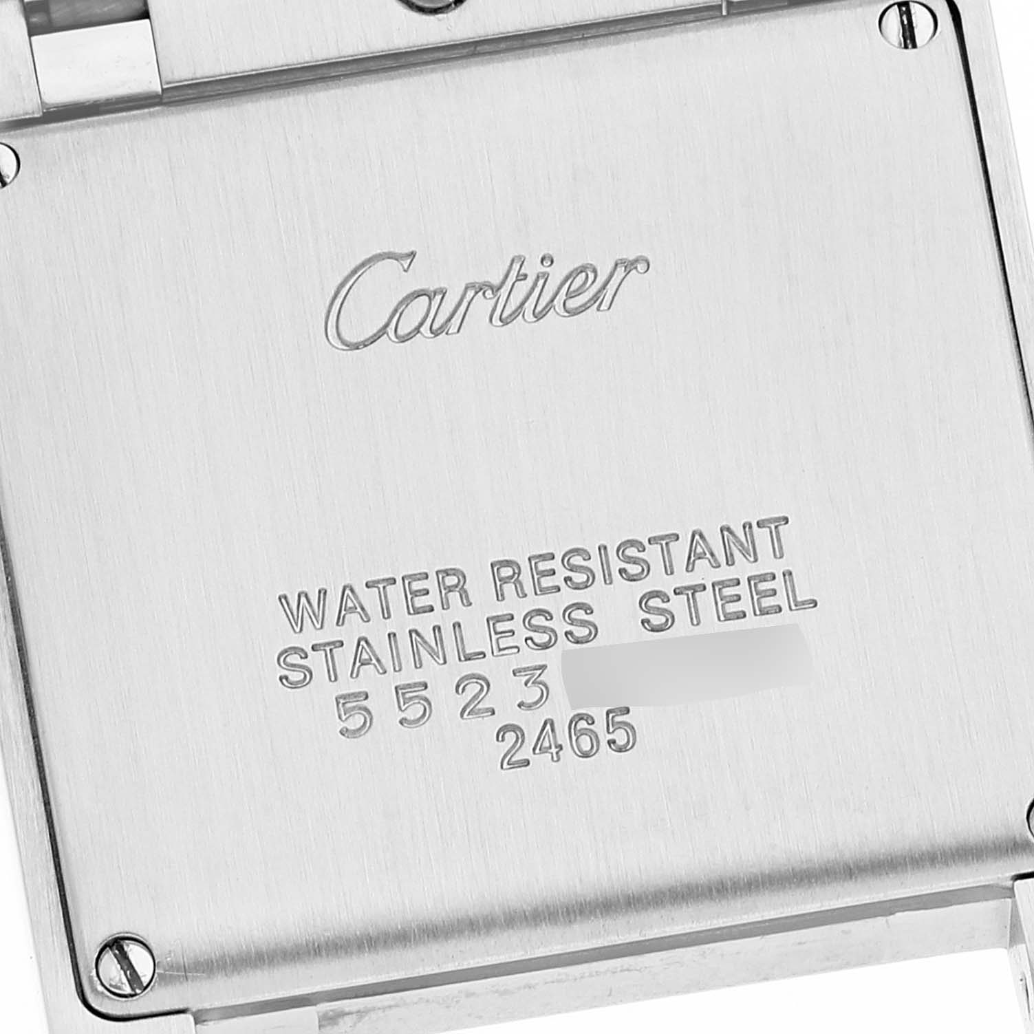 The image shows the back case of a Cartier Tank Francaise W51012Q4 Women's Steel and Gold (two tone) Silver Dial W51012Q4 Women's Steel and Gold (two tone) Silver Dial watch, highlighting the brand name and water resistance information.