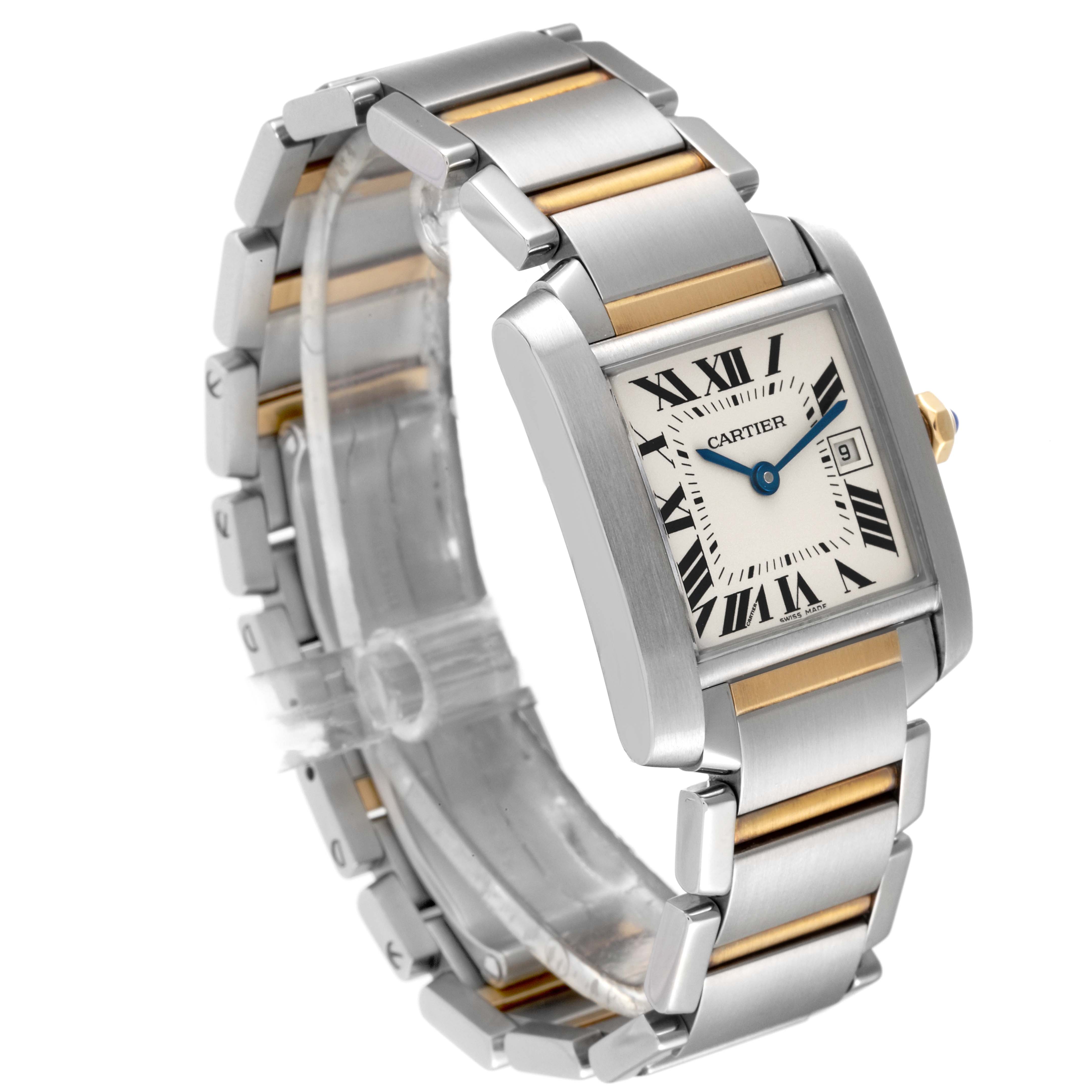 The image shows a Cartier Tank Francaise W51012Q4 Women's Steel and Gold (two tone) Silver Dial W51012Q4 Women's Steel and Gold (two tone) Silver Dial watch at an oblique angle, showcasing the watch face, bezel, and metallic strap with gold accents.