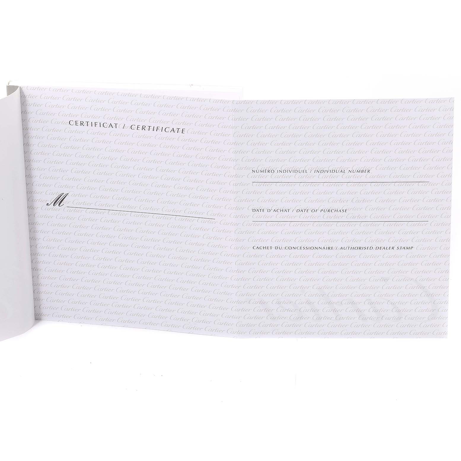 The image shows the certificate of authenticity for the Cartier Tank Francaise W51012Q4 Women's Steel and Gold (two tone) Silver Dial W51012Q4 Women's Steel and Gold (two tone) Silver Dial watch with fields for an individual number, date, and dealer stamp.