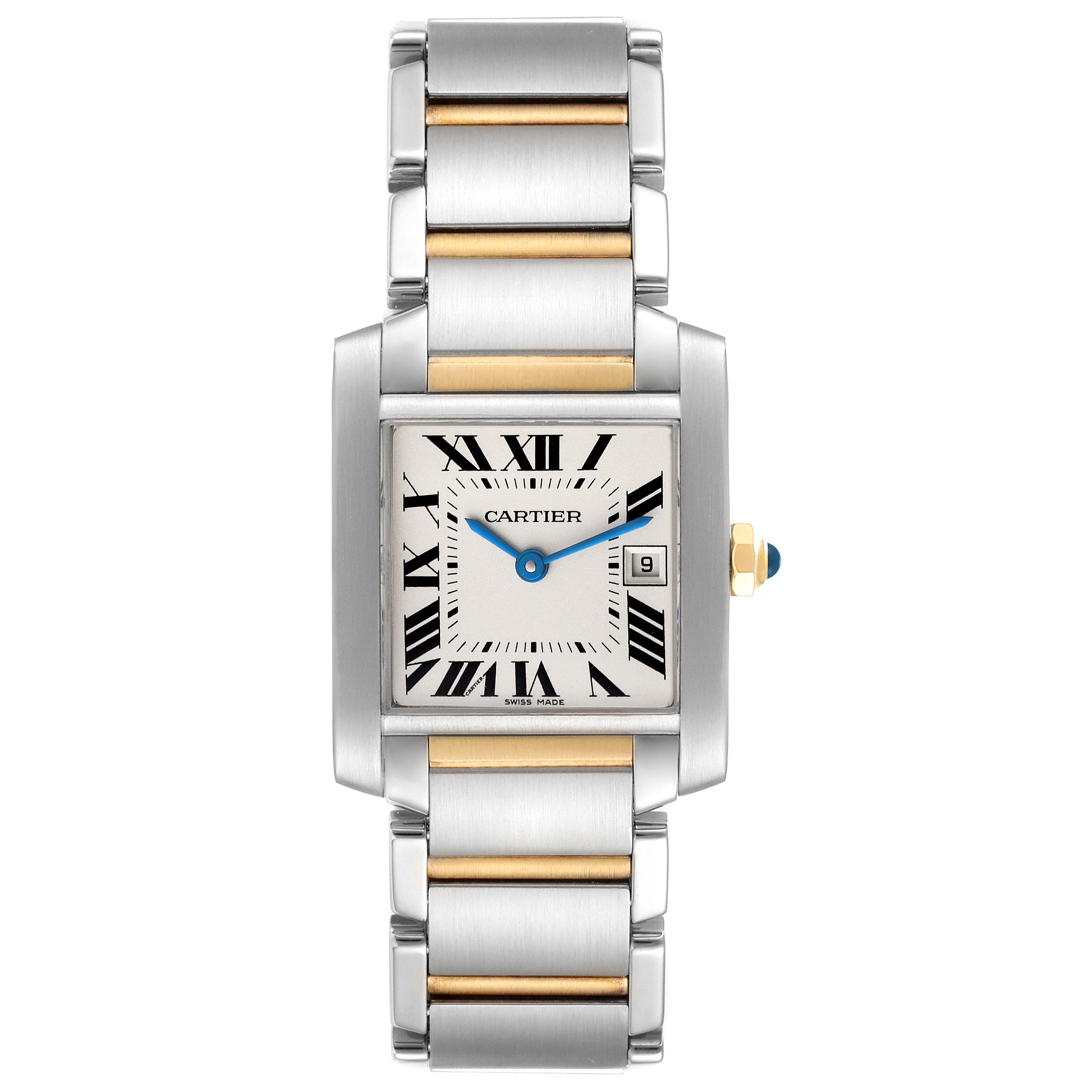 The Cartier Tank Française watch is shown in a straight-on angle, displaying its face, bracelet, and crown.