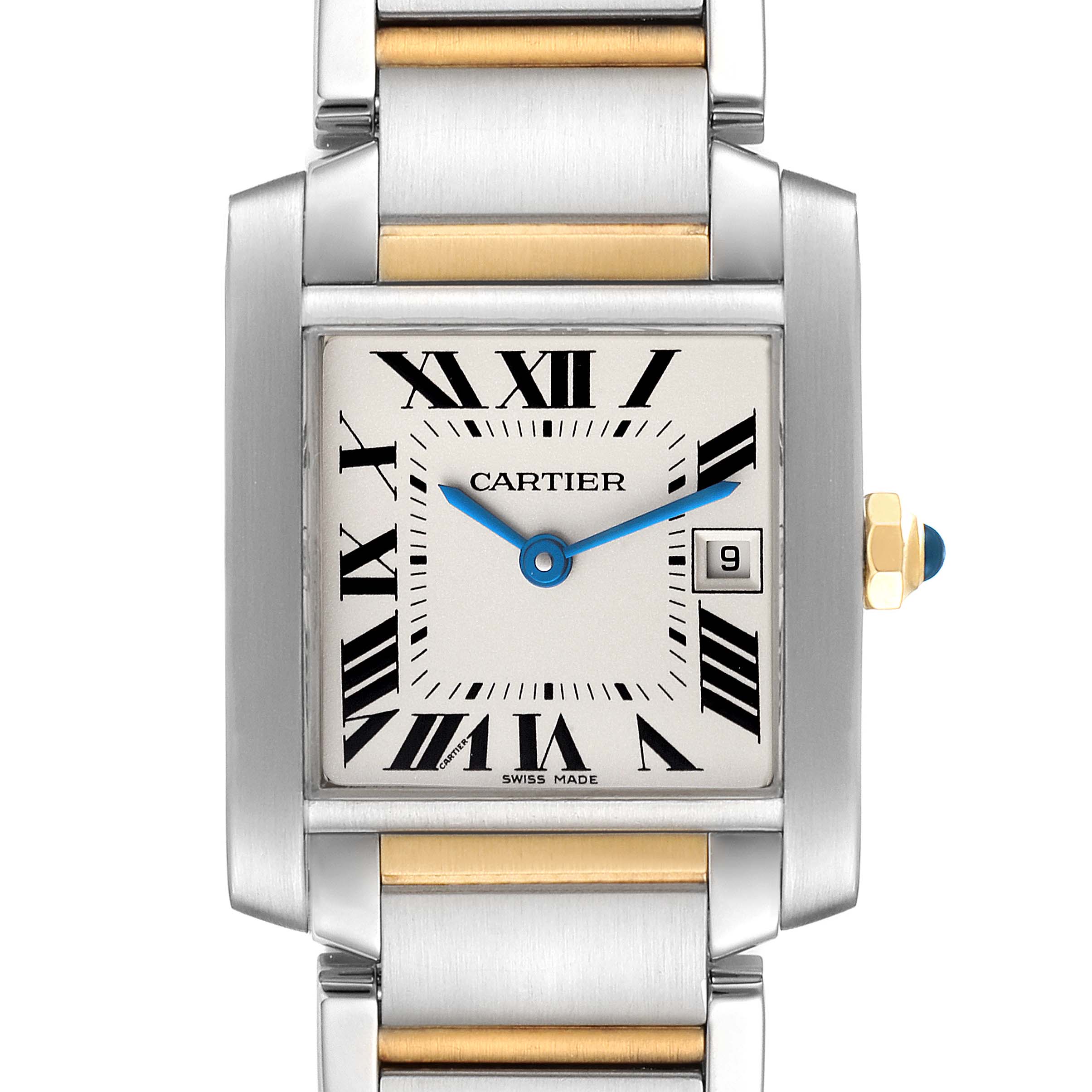 This image shows a frontal view of the Cartier Tank Francaise W51012Q4 Women's Steel and Gold (two tone) Silver Dial W51012Q4 Women's Steel and Gold (two tone) Silver Dial watch, highlighting its dial, case, and bracelet.