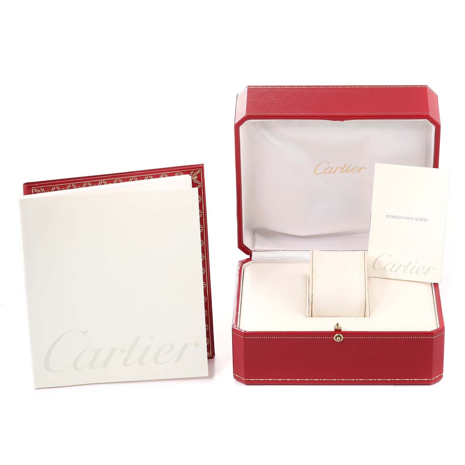 The image shows a red Cartier box and papers for the Tank Francaise model, viewed from the front.