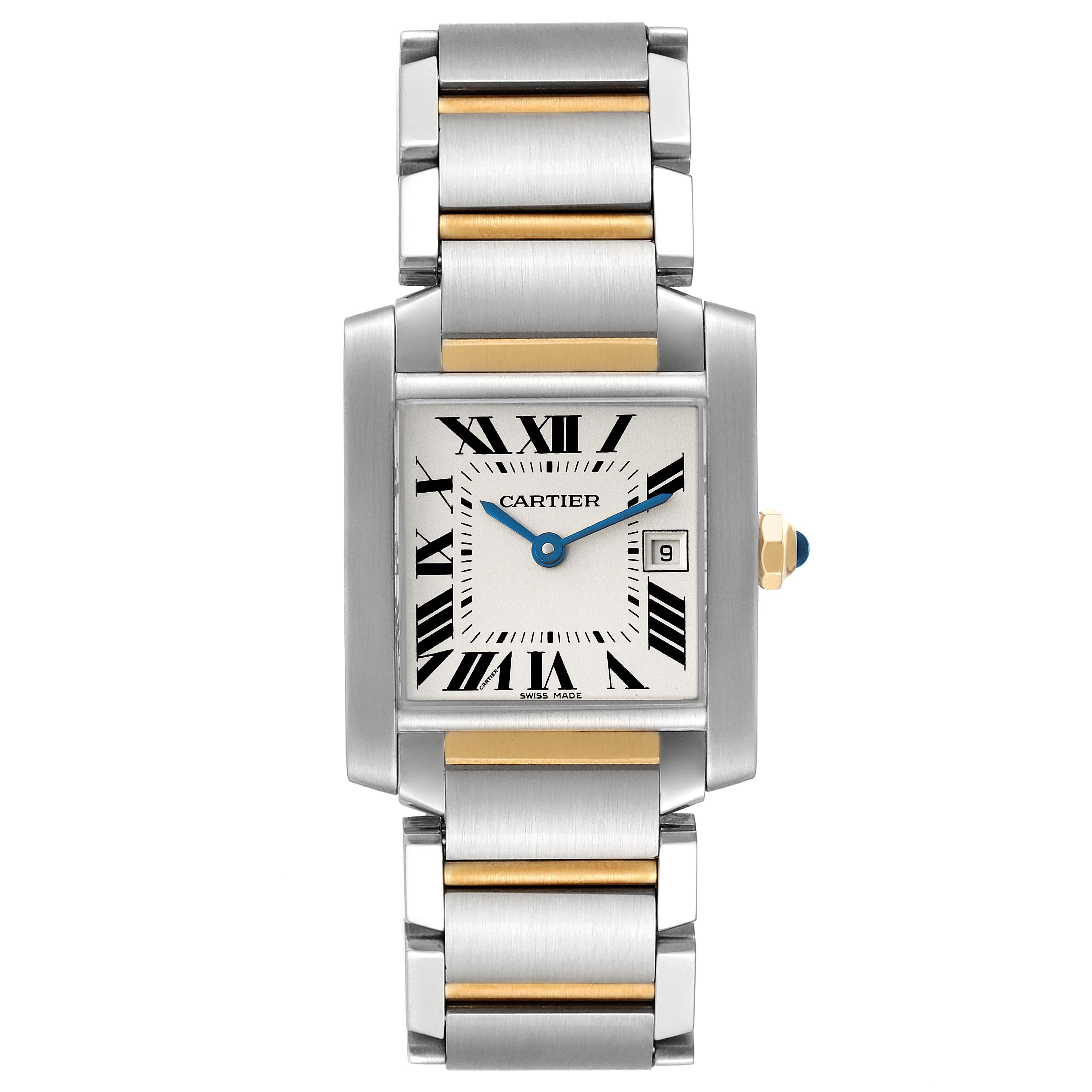 The image shows a Cartier Tank Francaise W51012Q4 Women's Steel and Gold (two tone) Silver Dial W51012Q4 Women's Steel and Gold (two tone) Silver Dial watch from a front angle, highlighting the face and bracelet.