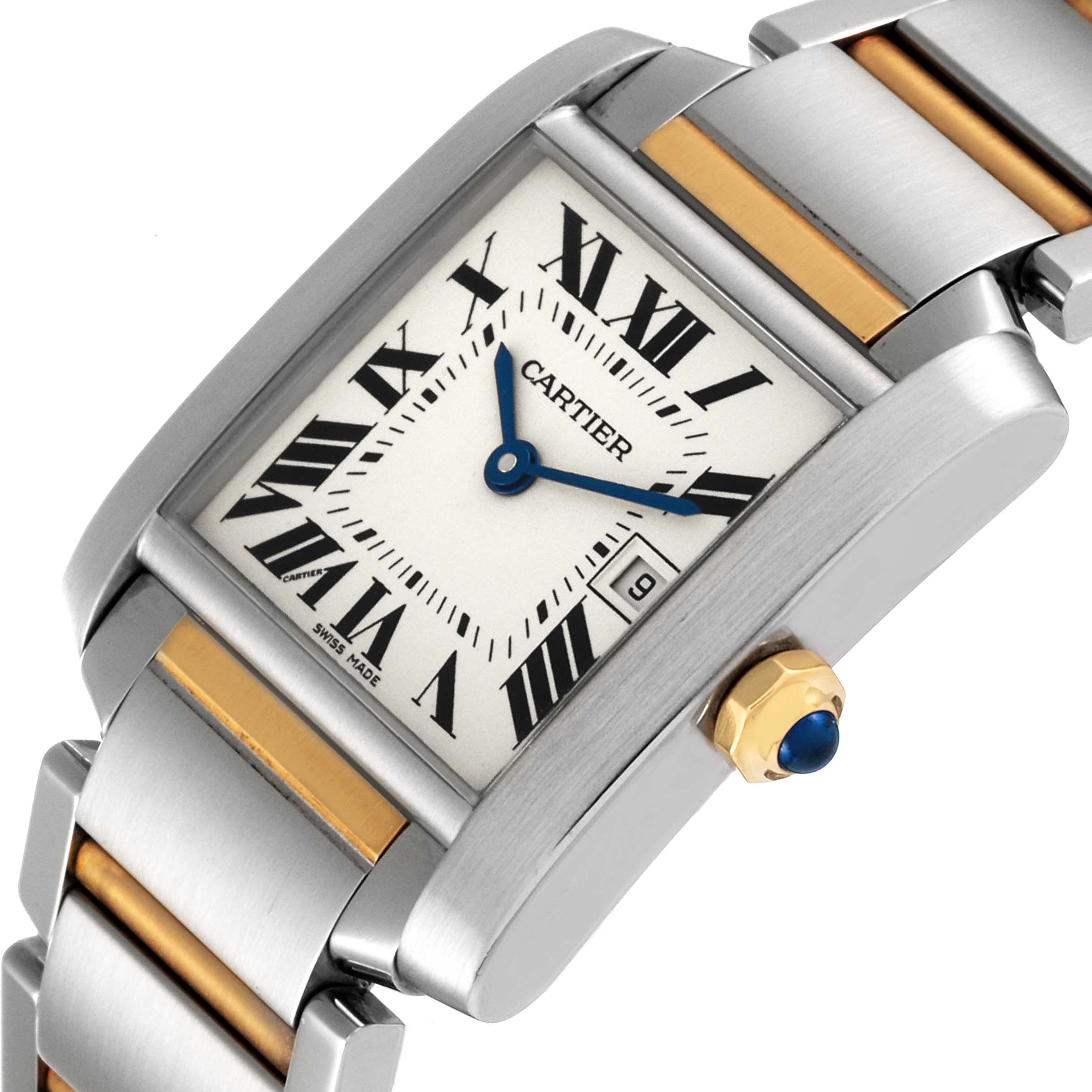 The image shows a close-up angle of a Cartier Tank Francaise W51012Q4 Women's Steel and Gold (two tone) Silver Dial W51012Q4 Women's Steel and Gold (two tone) Silver Dial watch, focusing on the dial, crown, and part of the bracelet.