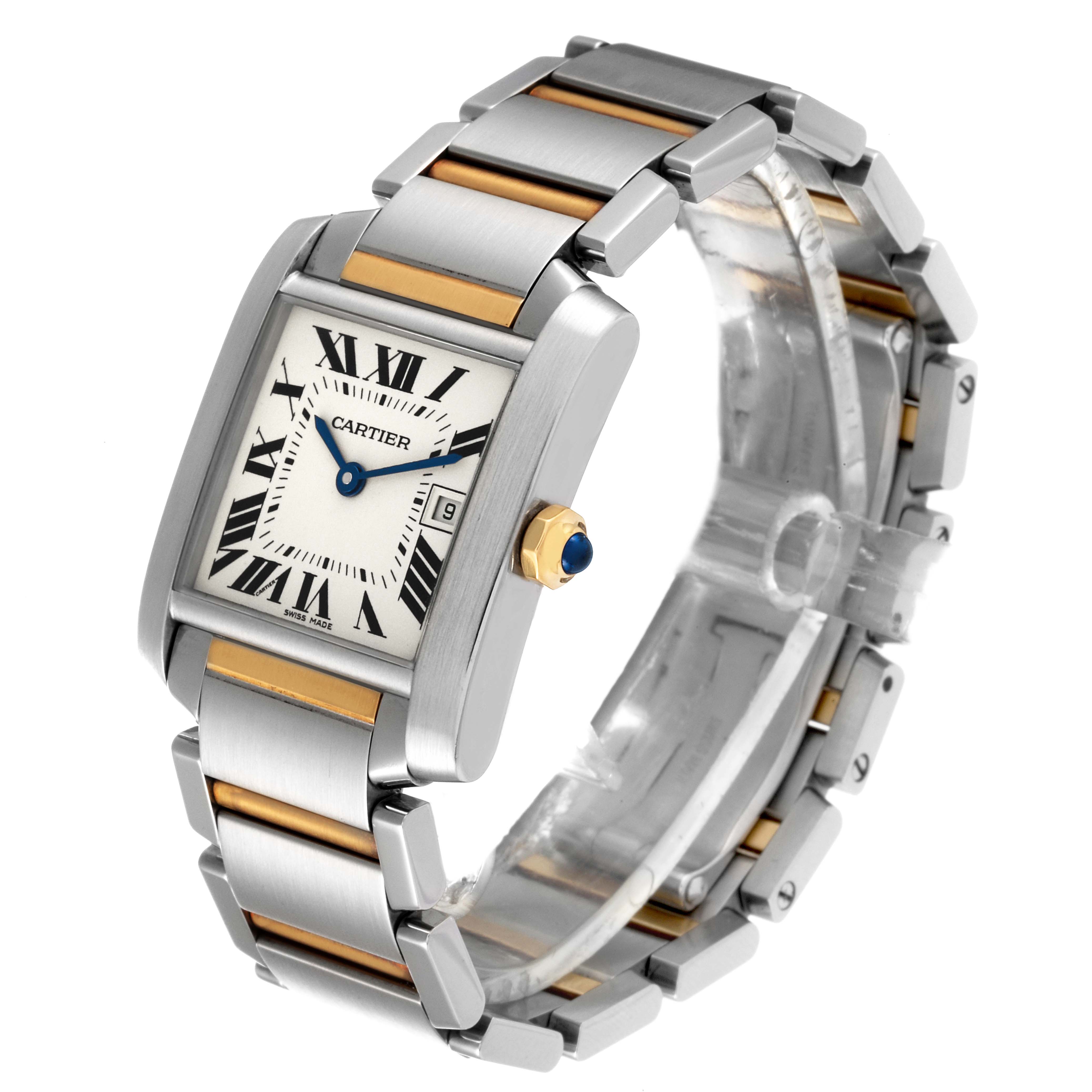 The image shows a Cartier Tank Francaise W51012Q4 Women's Steel and Gold (two tone) Silver Dial W51012Q4 Women's Steel and Gold (two tone) Silver Dial watch at a slight angle, highlighting the face, bracelet, and crown.