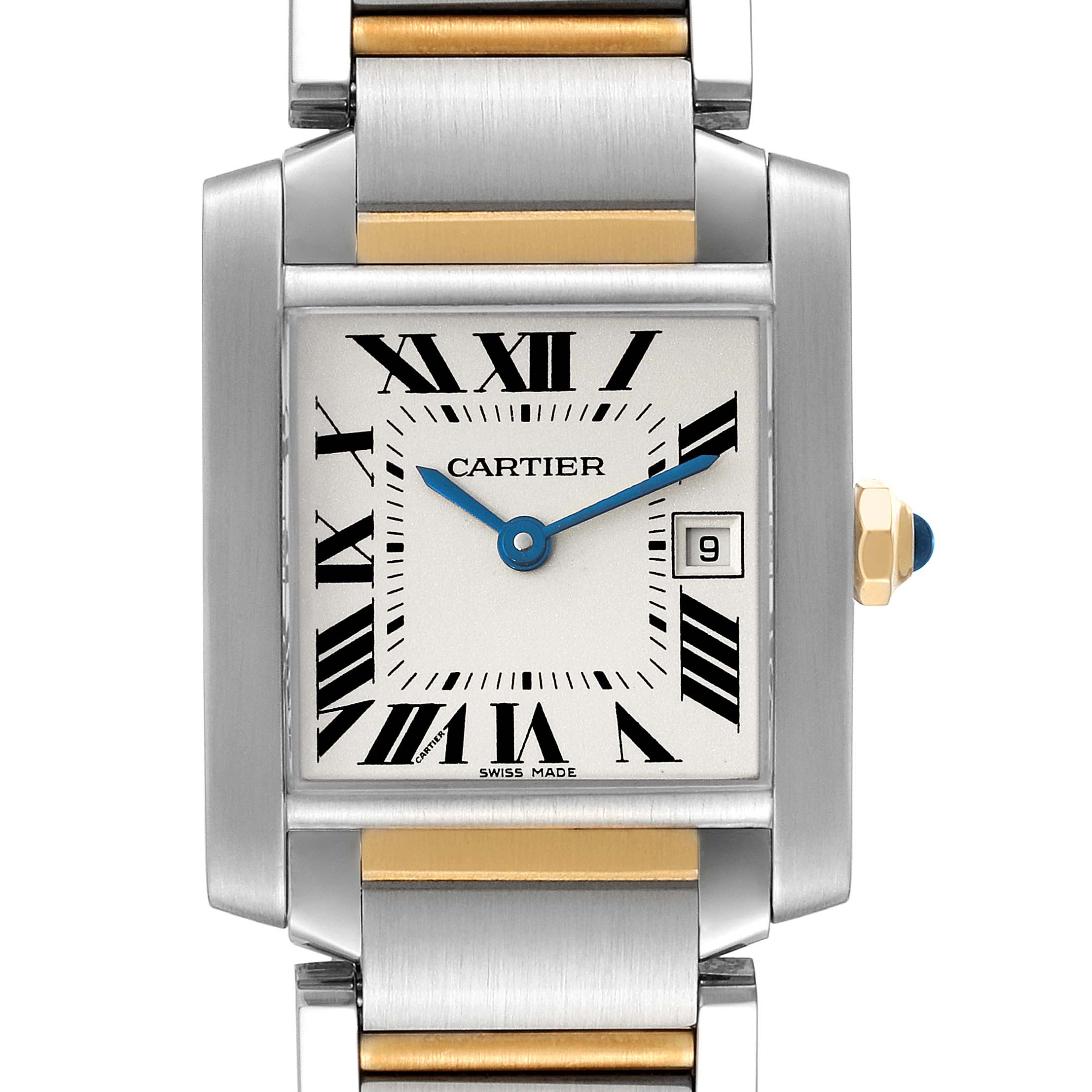 This Cartier Tank Française watch is shown from a frontal angle, highlighting its rectangular case, dial with Roman numerals, and part of the metal bracelet.