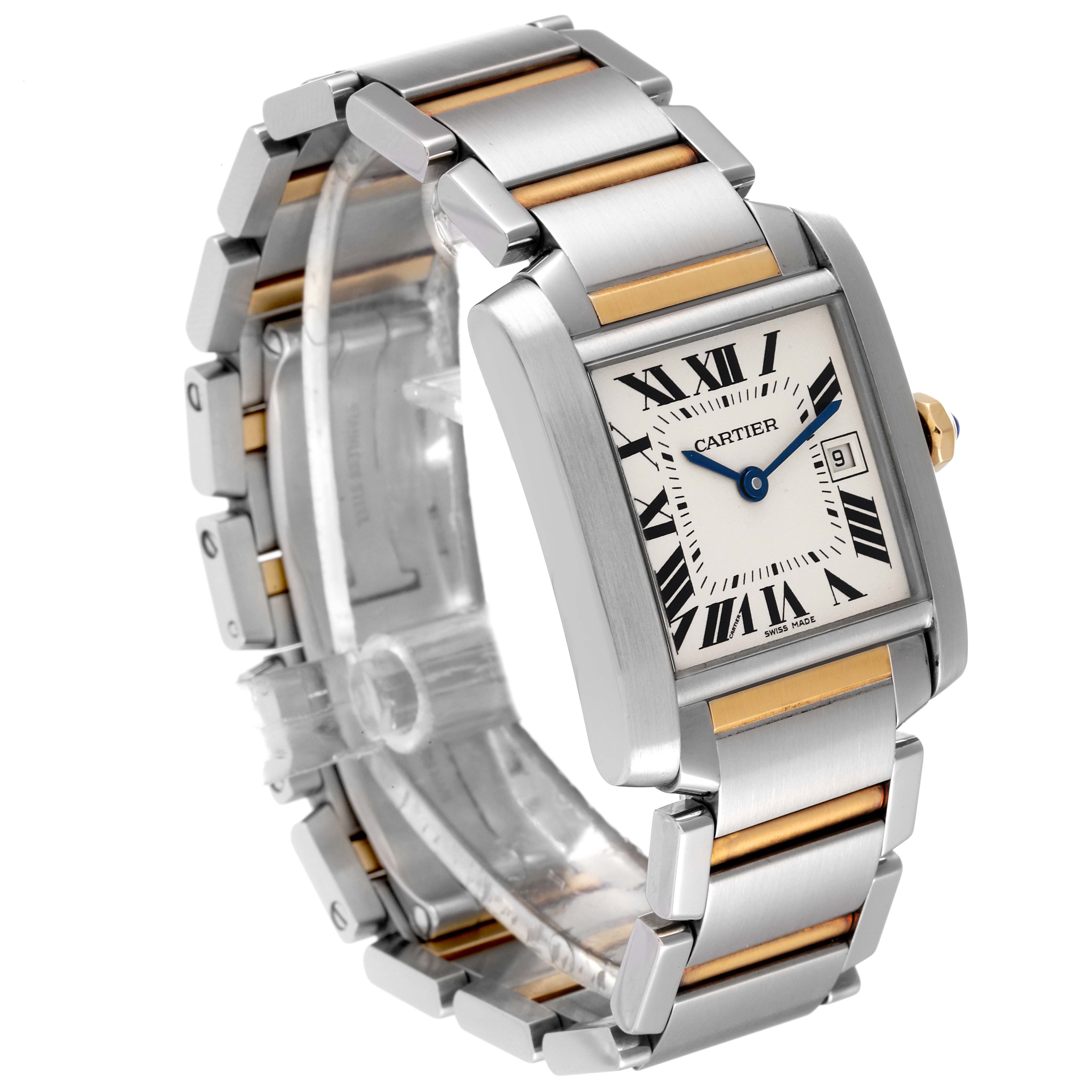 The image shows the Cartier Tank Francaise W51012Q4 Women's Steel and Gold (two tone) Silver Dial W51012Q4 Women's Steel and Gold (two tone) Silver Dial watch at an angled perspective, highlighting its stainless steel and gold bracelet and rectangular face.