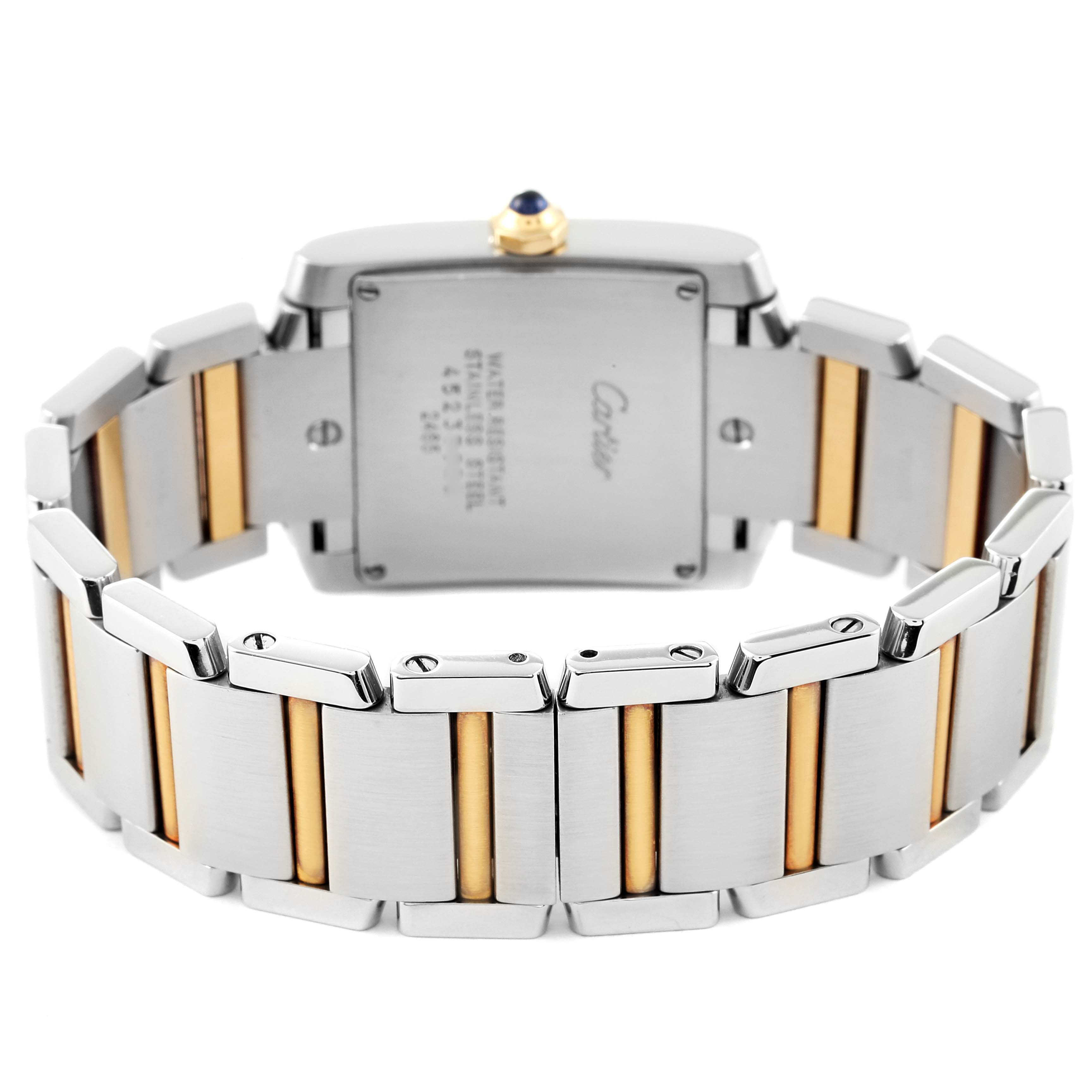 The image shows the back and bracelet of a Cartier Tank Francaise W51012Q4 Women's Steel and Gold (two tone) Silver Dial W51012Q4 Women's Steel and Gold (two tone) Silver Dial watch, highlighting its stainless steel and gold design.