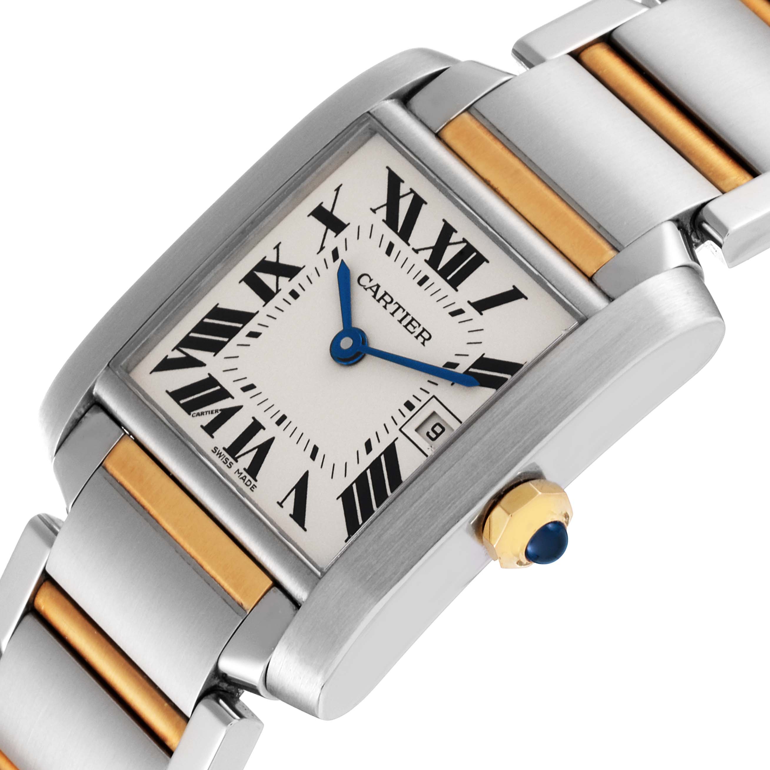 The image shows a close-up angle of the Cartier Tank Francaise W51012Q4 Women's Steel and Gold (two tone) Silver Dial W51012Q4 Women's Steel and Gold (two tone) Silver Dial watch face, strap, and crown.