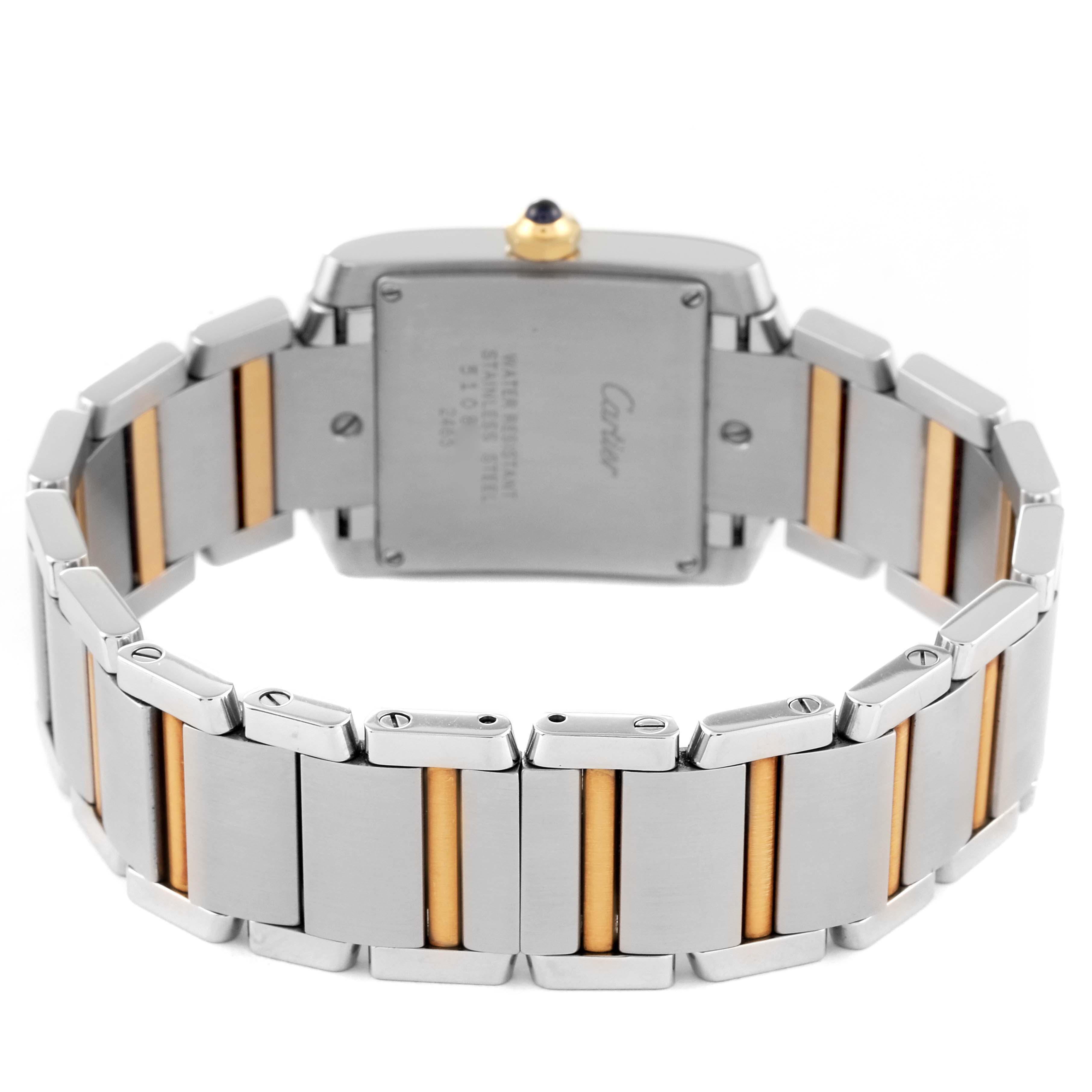 The image shows the back view of a Cartier Tank Française model watch, highlighting its stainless steel and gold bracelet.