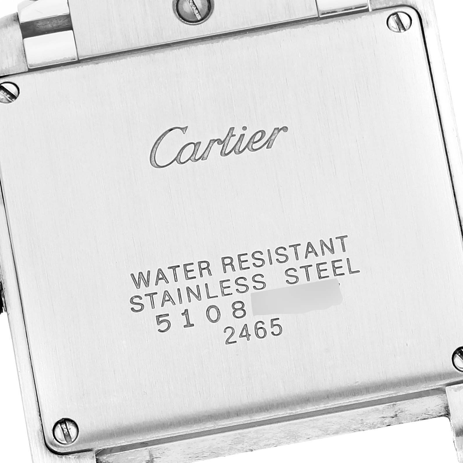 The image shows the back case of a Cartier Tank Francaise W51012Q4 Women's Steel and Gold (two tone) Silver Dial W51012Q4 Women's Steel and Gold (two tone) Silver Dial watch, highlighting its water resistance and stainless-steel construction.