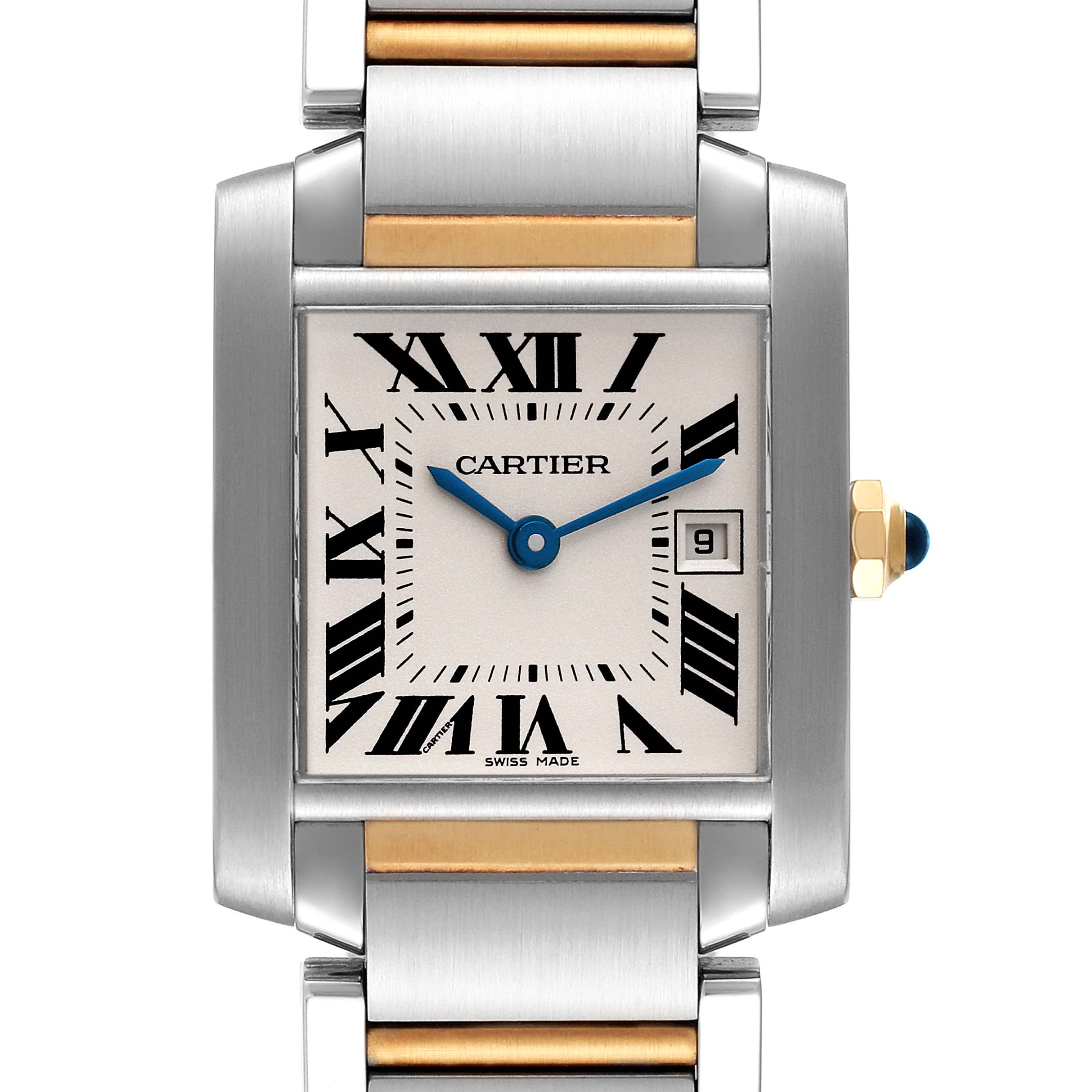 The image shows a front view of the Cartier Tank Francaise W51012Q4 Women's Steel and Gold (two tone) Silver Dial W51012Q4 Women's Steel and Gold (two tone) Silver Dial watch face, highlighting the dial, hands, date window, and segments of the band.