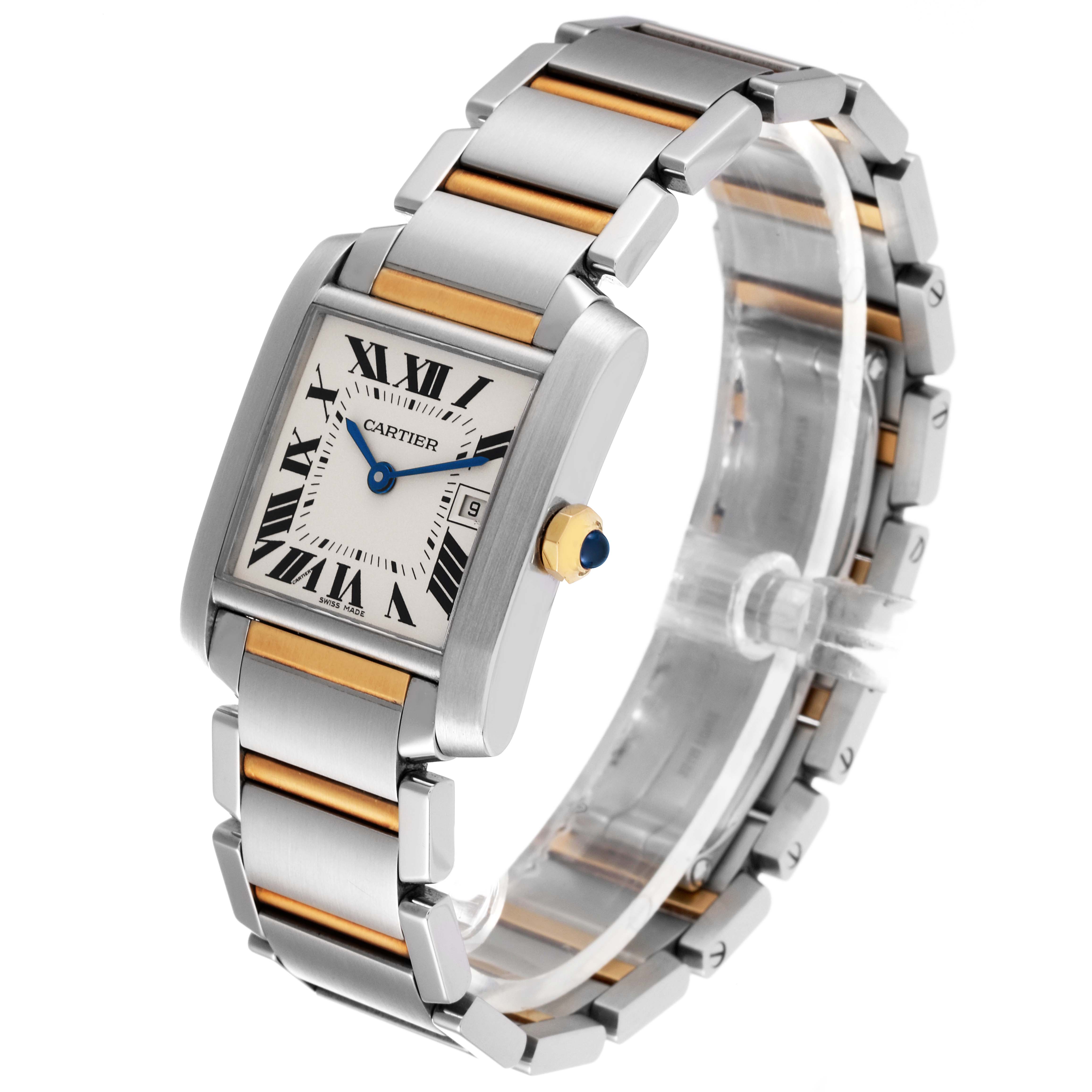 The image shows a Cartier Tank Française watch at a slight angle, highlighting the face, bracelet, and crown with a blue cabochon.