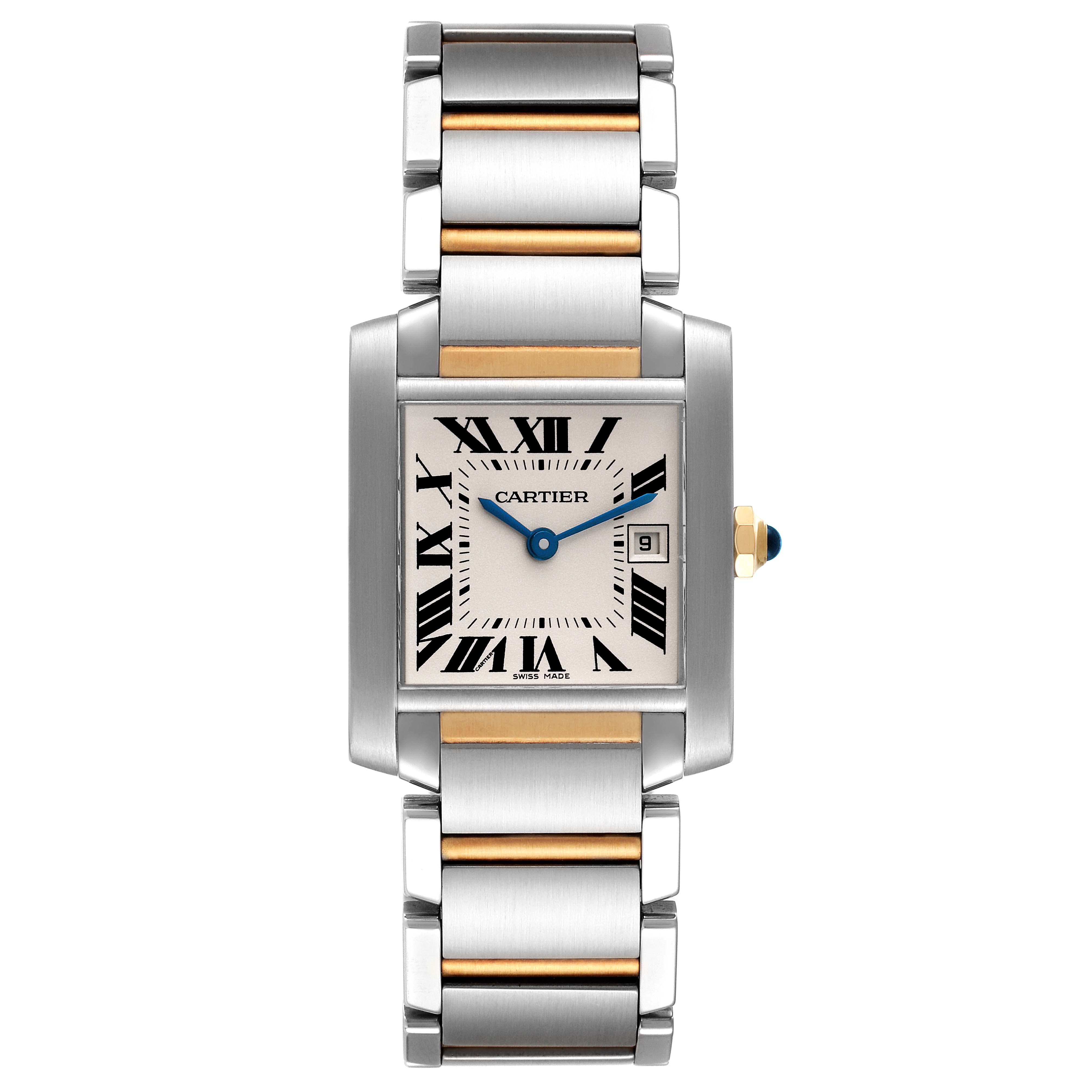 This image shows the front view of the Cartier Tank Française watch, including the face, bracelet, and clasp.