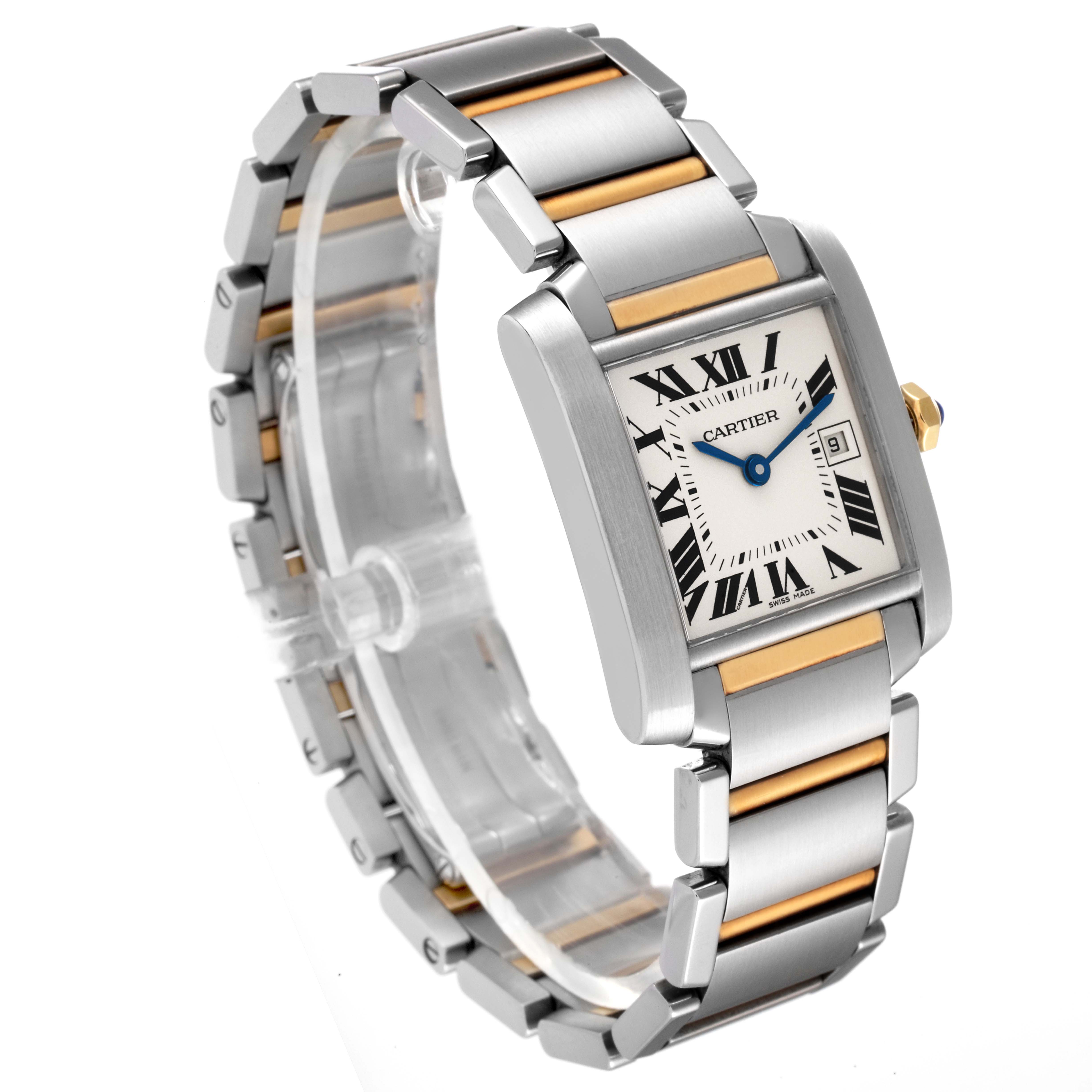 This image shows the Cartier Tank Francaise W51012Q4 Women's Steel and Gold (two tone) Silver Dial W51012Q4 Women's Steel and Gold (two tone) Silver Dial watch at a three-quarter angle, highlighting the dial, bracelet, and crown.