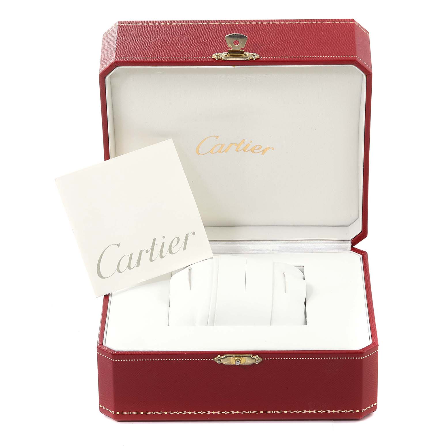 The image shows an open red Cartier box and booklet for the Tank Francaise model watch.