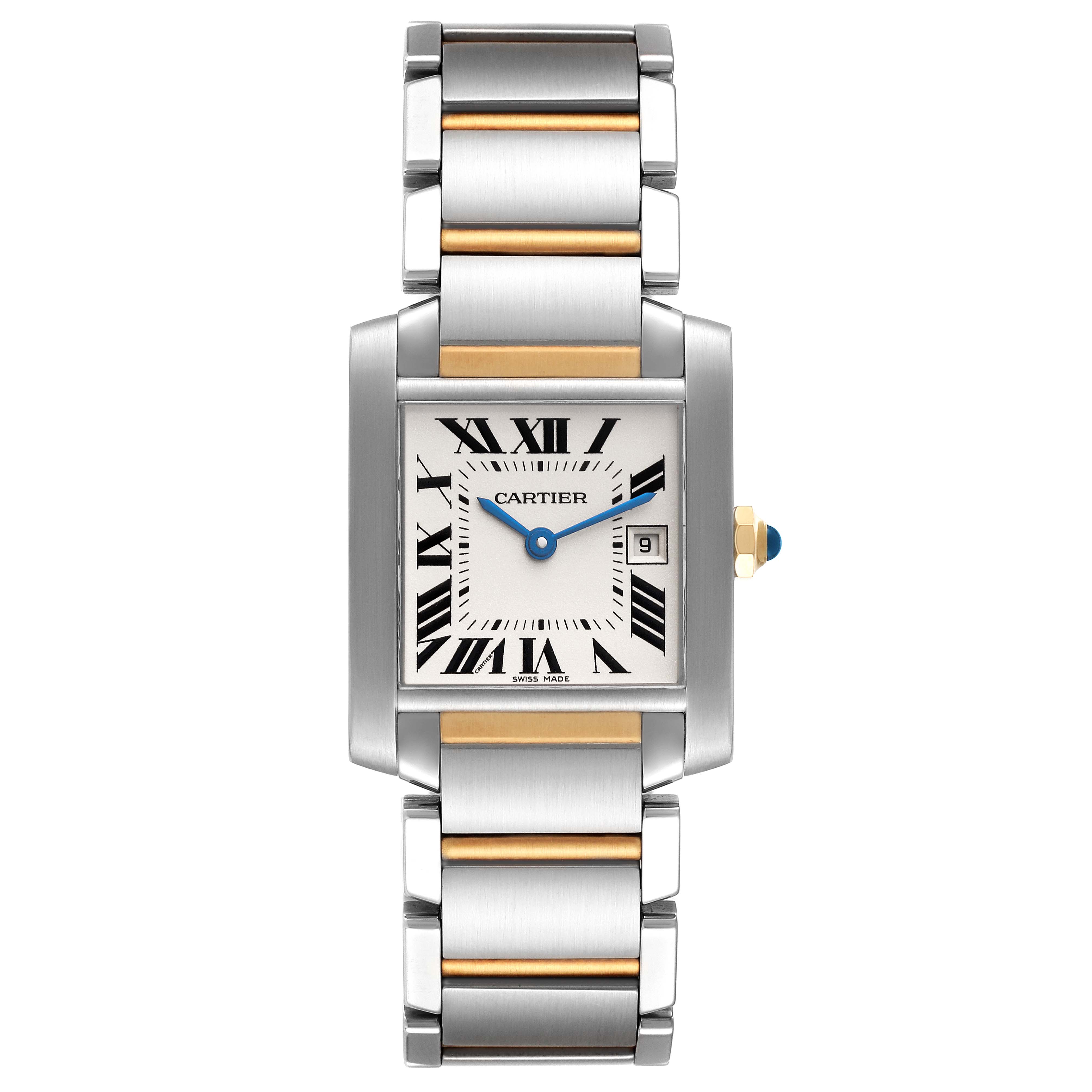 The image shows a front view of the Cartier Tank Francaise W51012Q4 Women's Steel and Gold (two tone) Silver Dial W51012Q4 Women's Steel and Gold (two tone) Silver Dial watch, displaying its rectangular face, Roman numerals, and bi-metal bracelet.