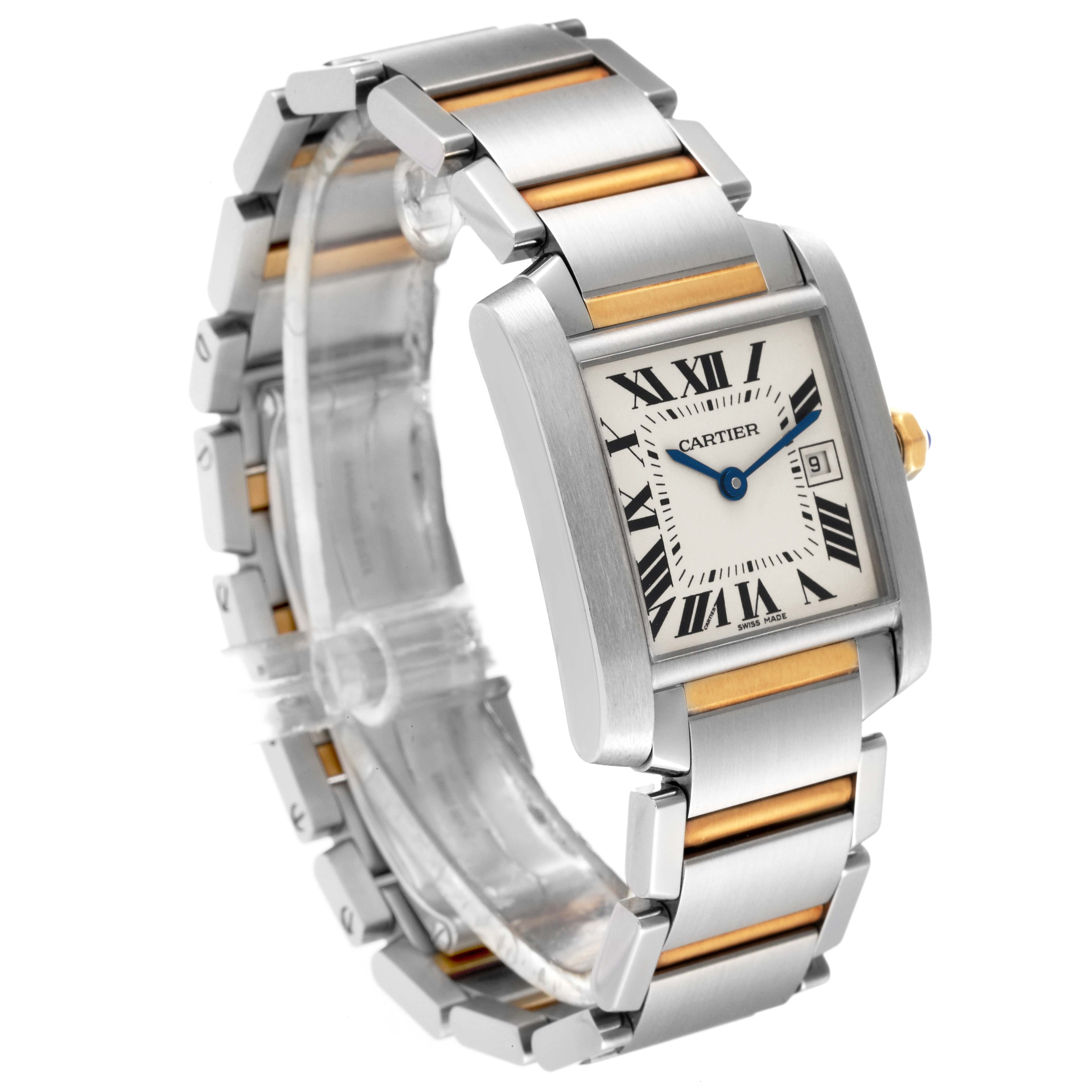 The Cartier Tank Francaise W51012Q4 Women's Steel and Gold (two tone) Silver Dial W51012Q4 Women's Steel and Gold (two tone) Silver Dial watch is shown at an angled view highlighting the face, bracelet, and side crown.