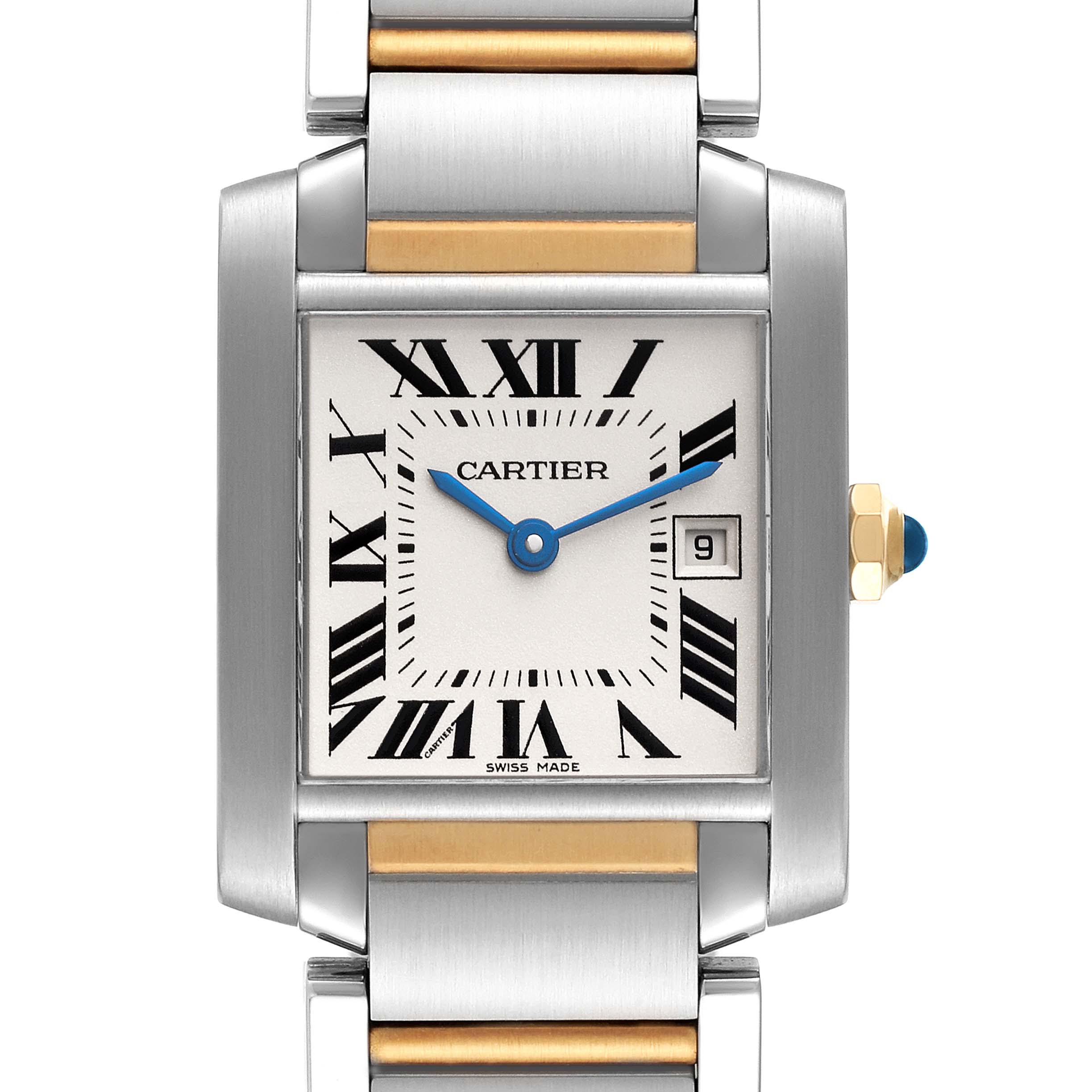 This is a frontal view of the Cartier Tank Francaise W51012Q4 Women's Steel and Gold (two tone) Silver Dial W51012Q4 Women's Steel and Gold (two tone) Silver Dial watch showing the face, bracelet, and crown.