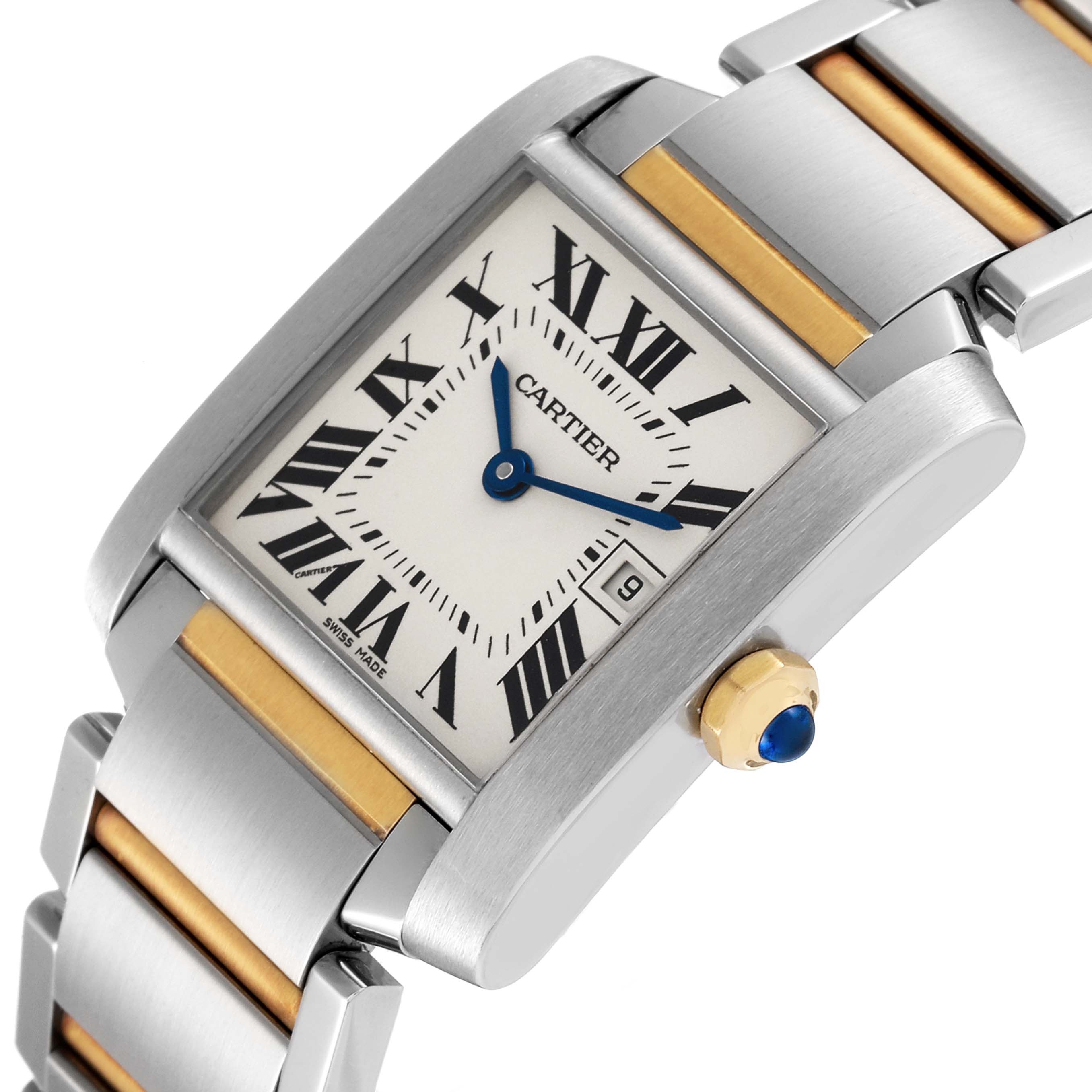 This image shows a close-up view of the Cartier Tank Française watch, highlighting its face, crown, and part of the bracelet.