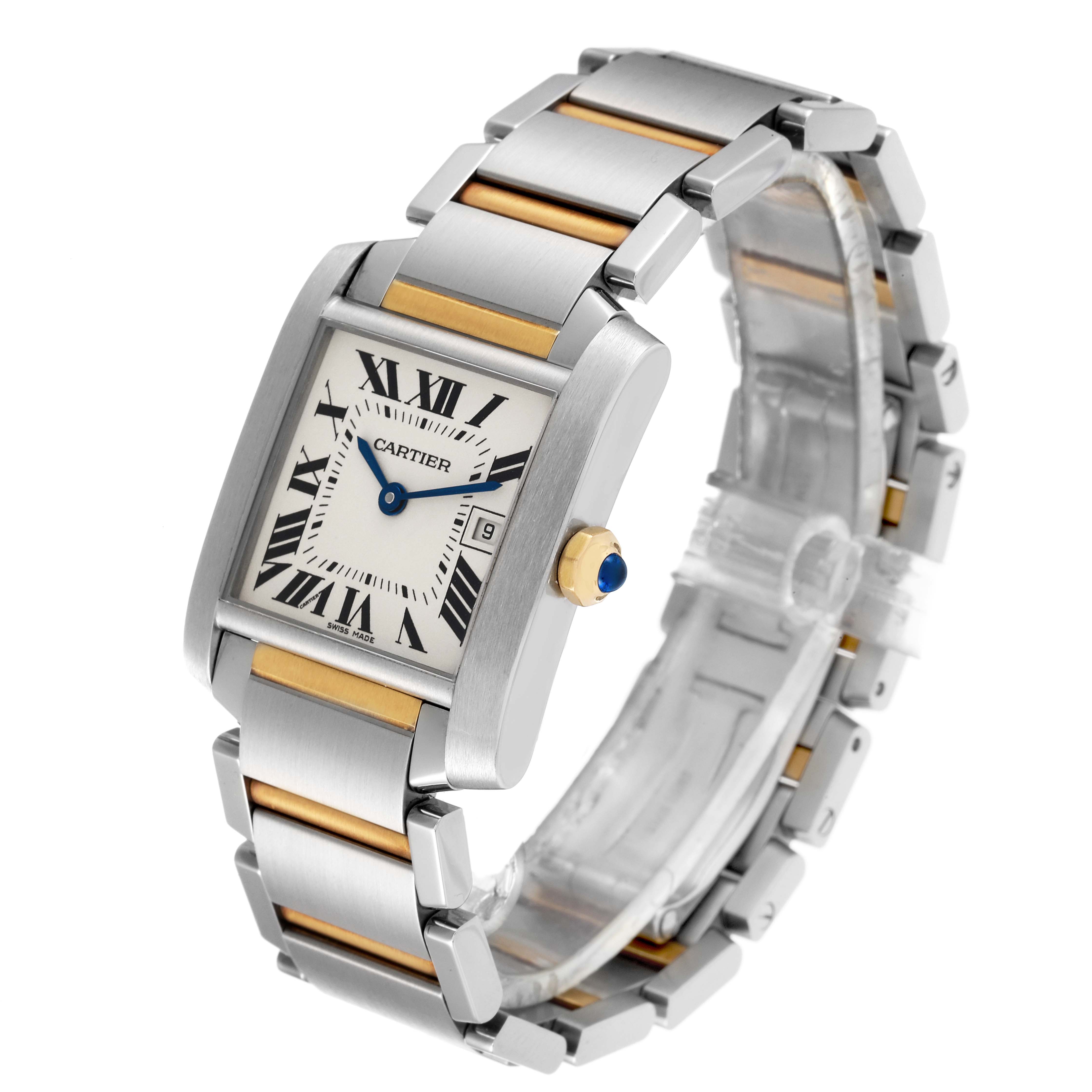 The Cartier Tank Francaise W51012Q4 Women's Steel and Gold (two tone) Silver Dial W51012Q4 Women's Steel and Gold (two tone) Silver Dial watch is shown at a slight angle, displaying the face, bezel, crown, and stainless steel and gold bracelet.