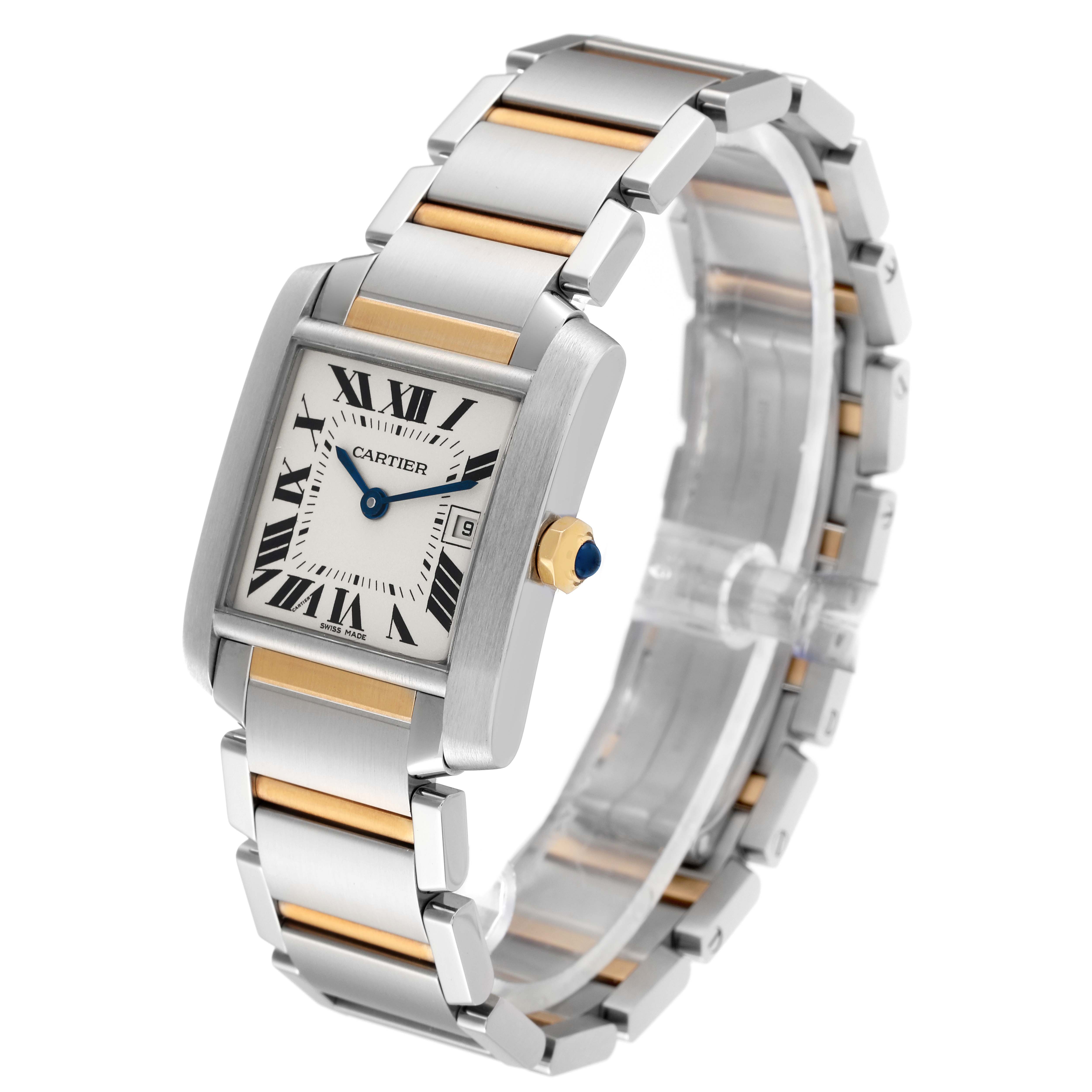 This image shows a Cartier Tank Francaise W51012Q4 Women
s Steel and Gold (two tone) Silver Dial W51012Q4 Women
s Steel and Gold (two tone) Silver Dial watch at an angle highlighting its face, bezel, crown, and metal bracelet.