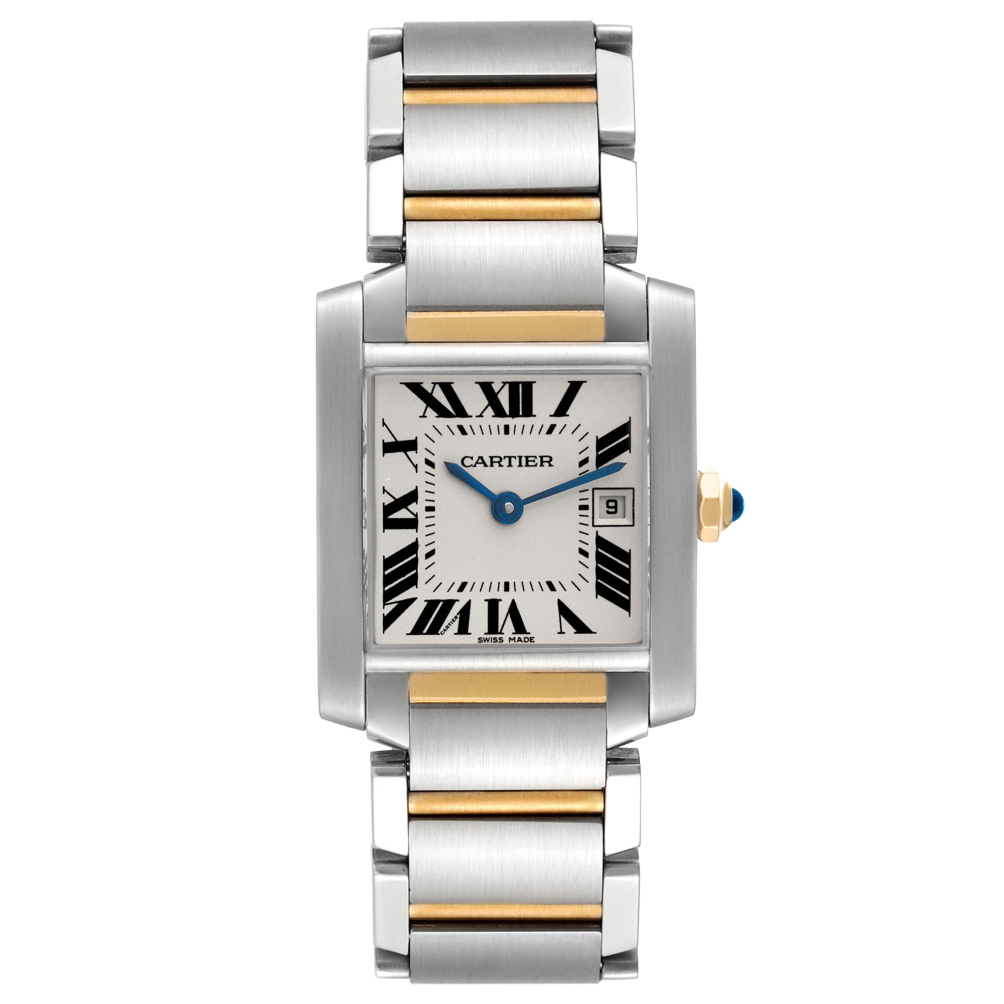 This image features a Cartier Tank Francaise W51012Q4 Women
s Steel and Gold (two tone) Silver Dial W51012Q4 Women
s Steel and Gold (two tone) Silver Dial watch, shown from the front displaying the face, bracelet, and bezel.