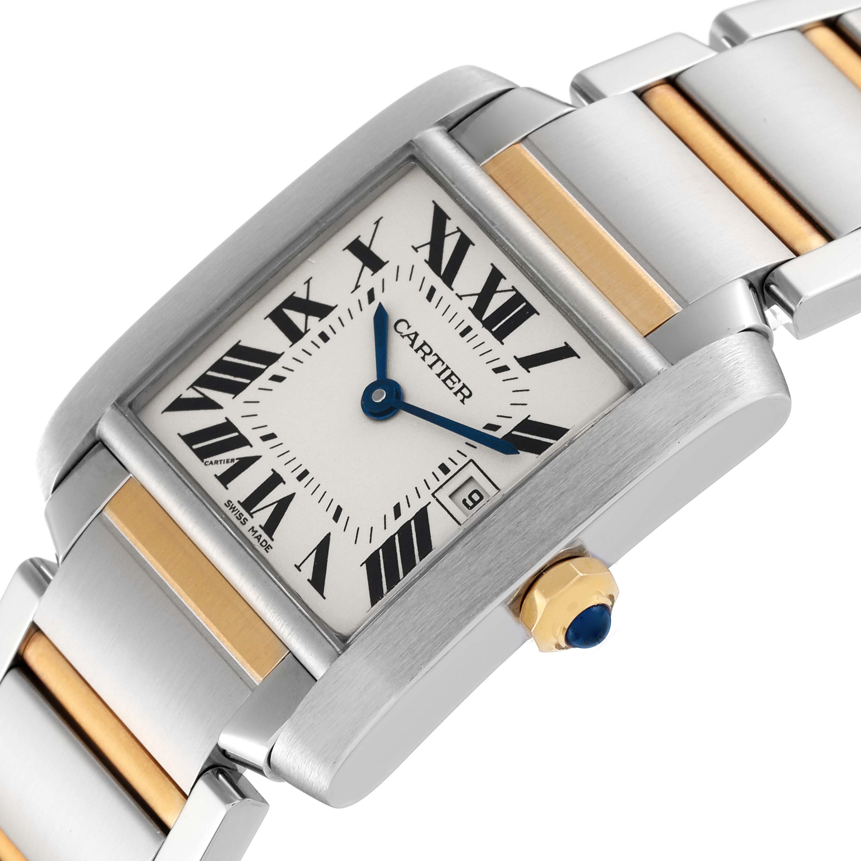 This is a close-up of a Tank Francaise model by Cartier, showing the watch face, crown, and part of the metal bracelet.